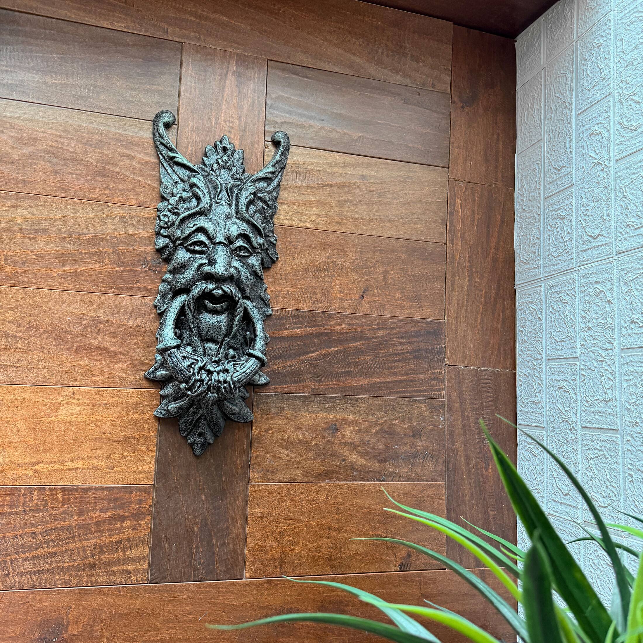 Alt View 5. Things2Die4 - Gothic Green Man Door Knocker Verdigris Cast Iron 19 in Wall Mounted - Green.