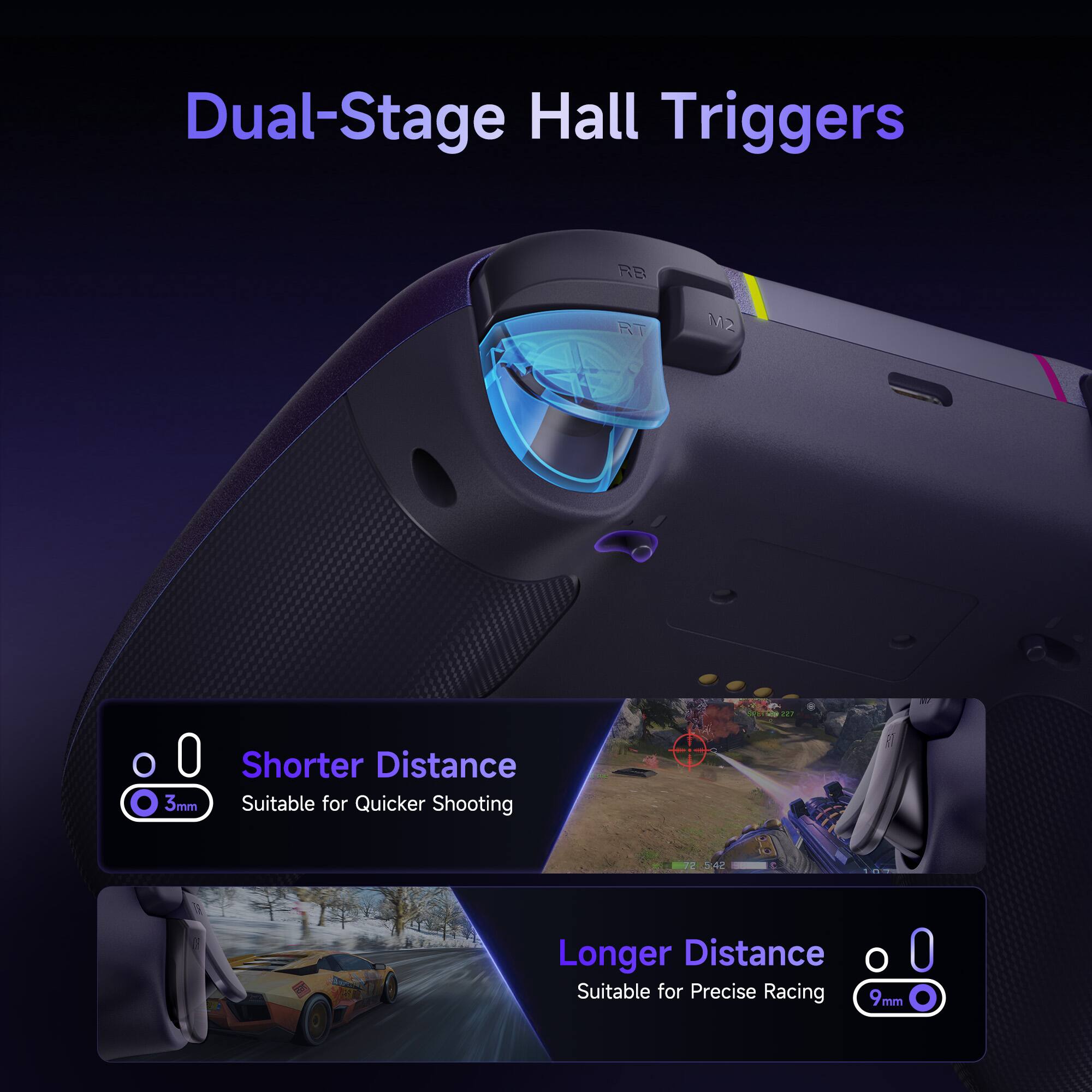 Dual-Stage Hall Triggers

Shorter Distance
3mm
Suitable for Quicker Shooting

Longer Distance
9mm
Suitable for Precise Racing