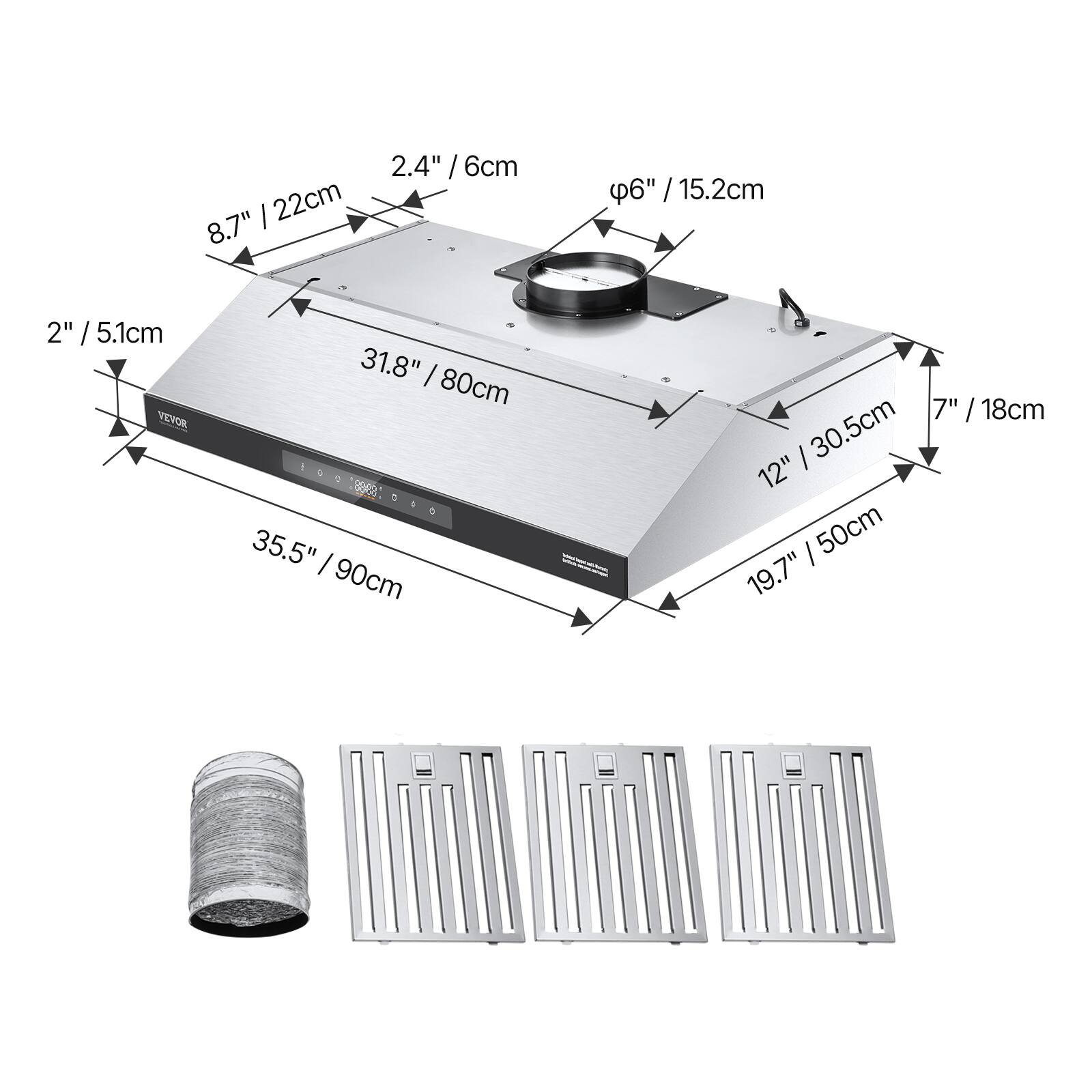 - 2" / 5.1cm
- 8.7" / 22cm
- 2.4" / 6cm
- 31.8" / 80cm
- 35.5" / 90cm
- 12" / 30.5cm
- 7" / 18cm
- 19.7" / 50cm
- φ6" / 15.2cm