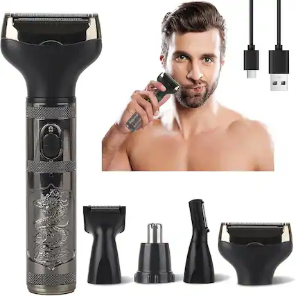 Front. RTMB - 4-in-1 Electric Razor, 2025 Rechargeable Waterproof Grooming Set—Foil Shaver - Black.