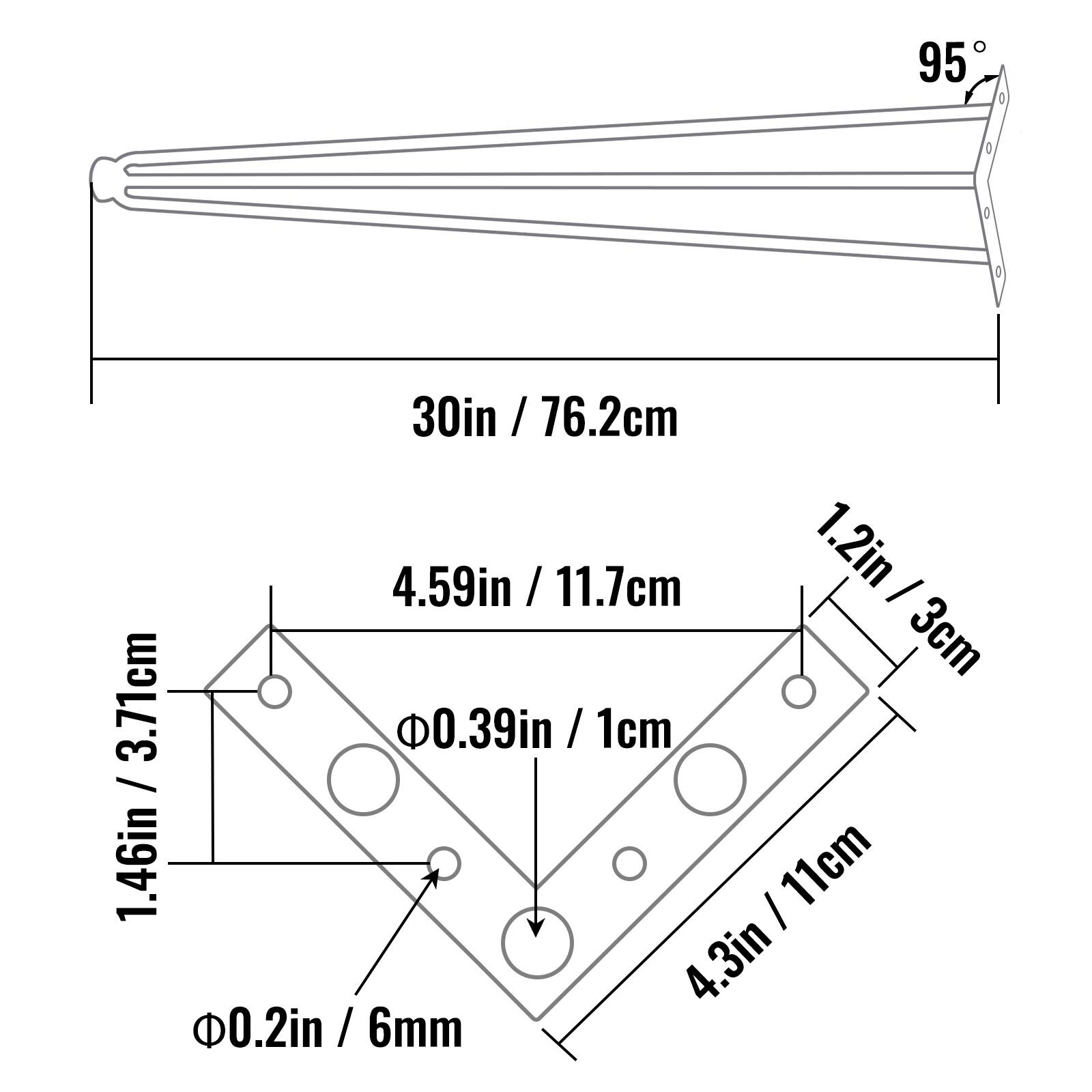 95, 30in / 76.2cm, 4.59in / 11.7cm, 1.2in / 3cm, 3.71cm, 0.39in / 1cm, 1.46in, 11cm, 4.3in, 0.2in / 6mm, 6mm
