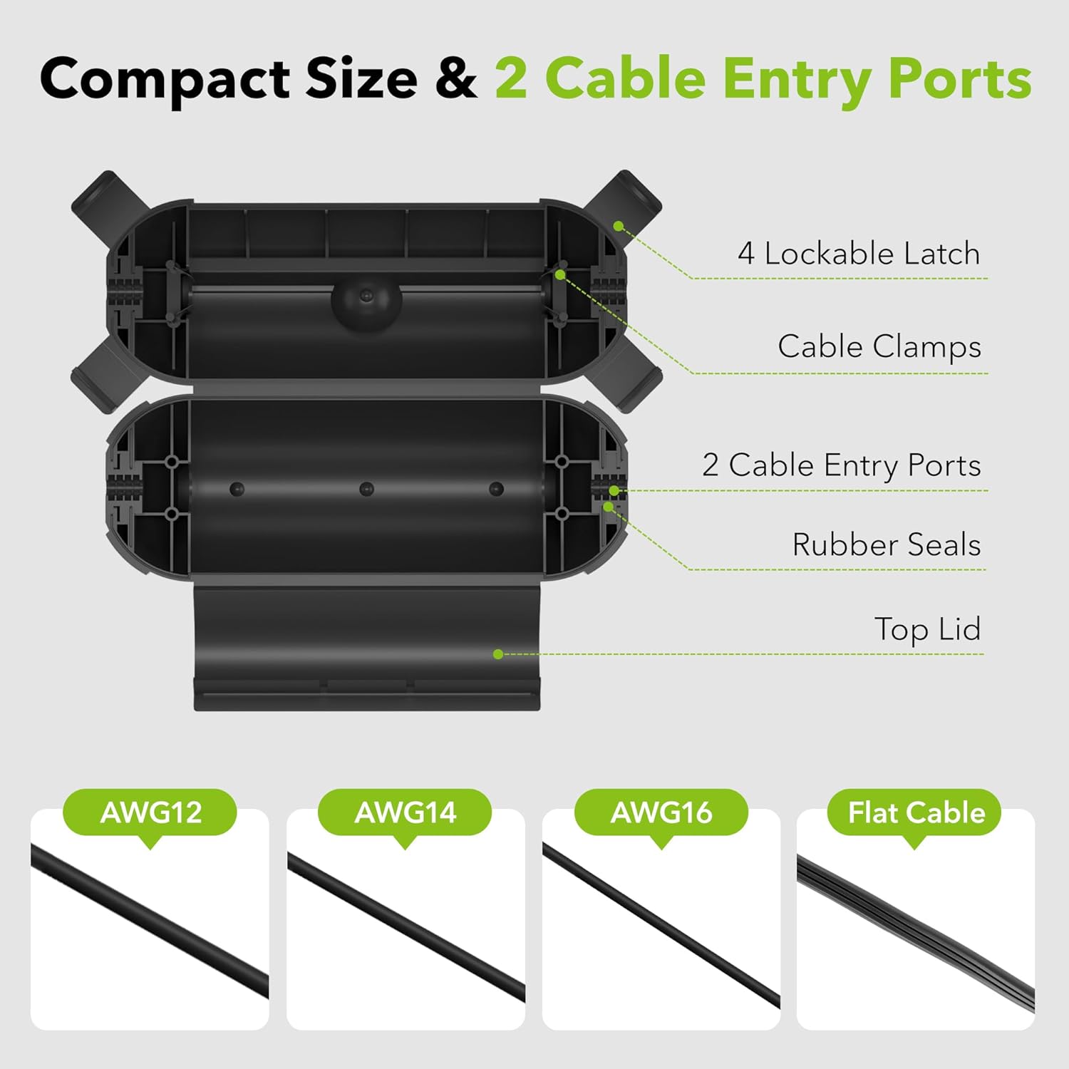 Compact Size & 2 Cable Entry Ports

- 4 Lockable Latch
- Cable Clamps
- 2 Cable Entry Ports
- Rubber Seals
- Top Lid

AWG12  
AWG14  
AWG16  
Flat Cable