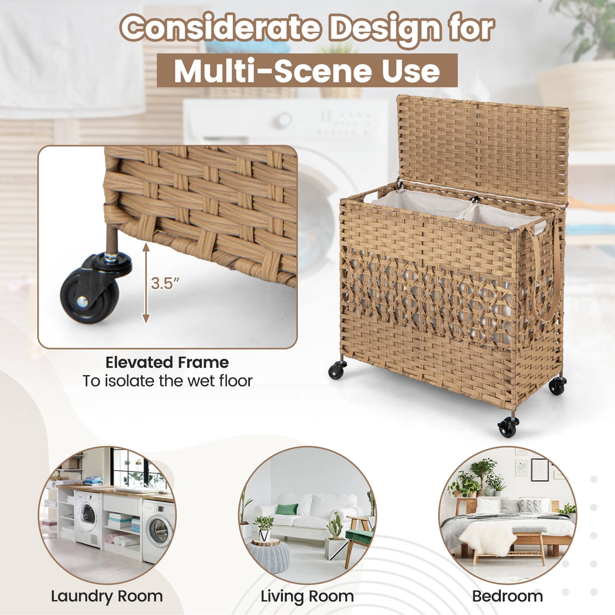 Considerate Design for Multi-Scene Use:

1. Elevated Frame: To isolate the wet floor
2. Laundry Room:
3. Living Room:
4. Bedroom:
