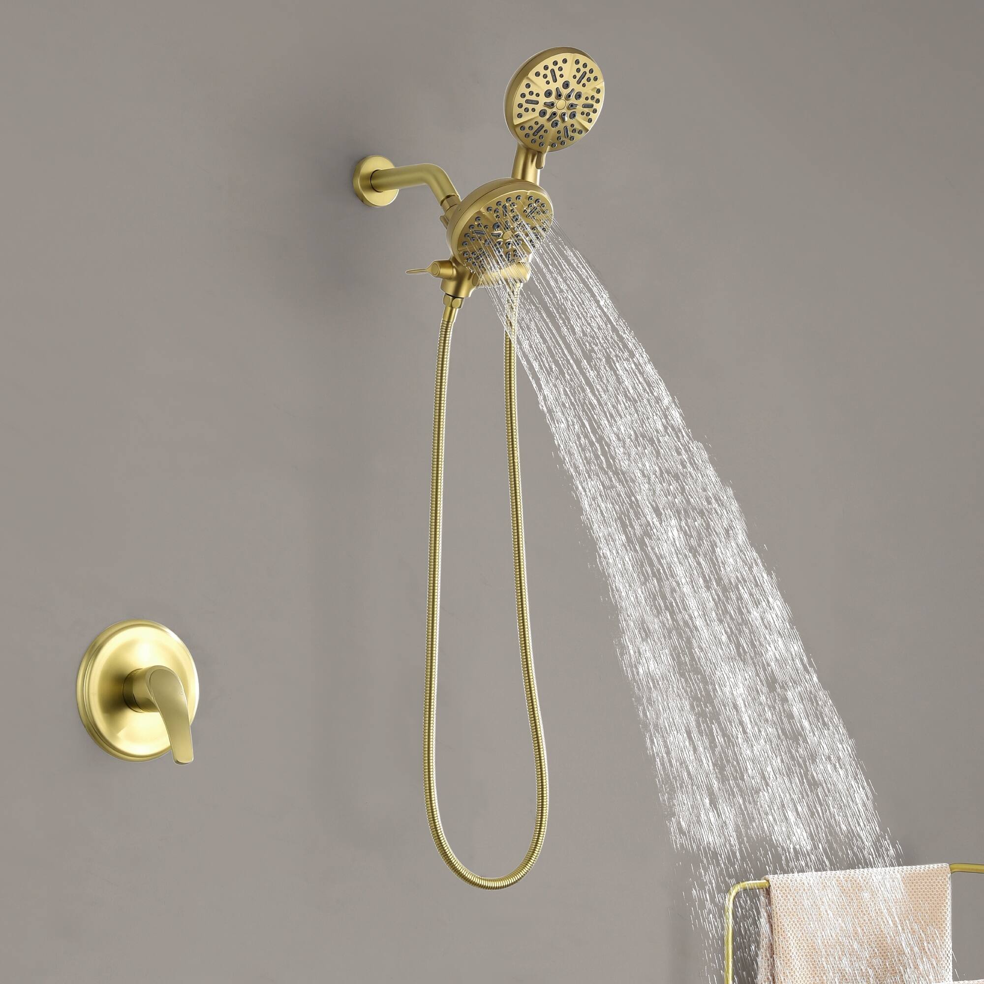 Alt View 2. Boyel Living - Brushed Gold Shower Set Brass SUS304 1-Function Valve 7-Function Dual Sprayers 60-Inch Steel Hose cUPC - Brushed Gold.