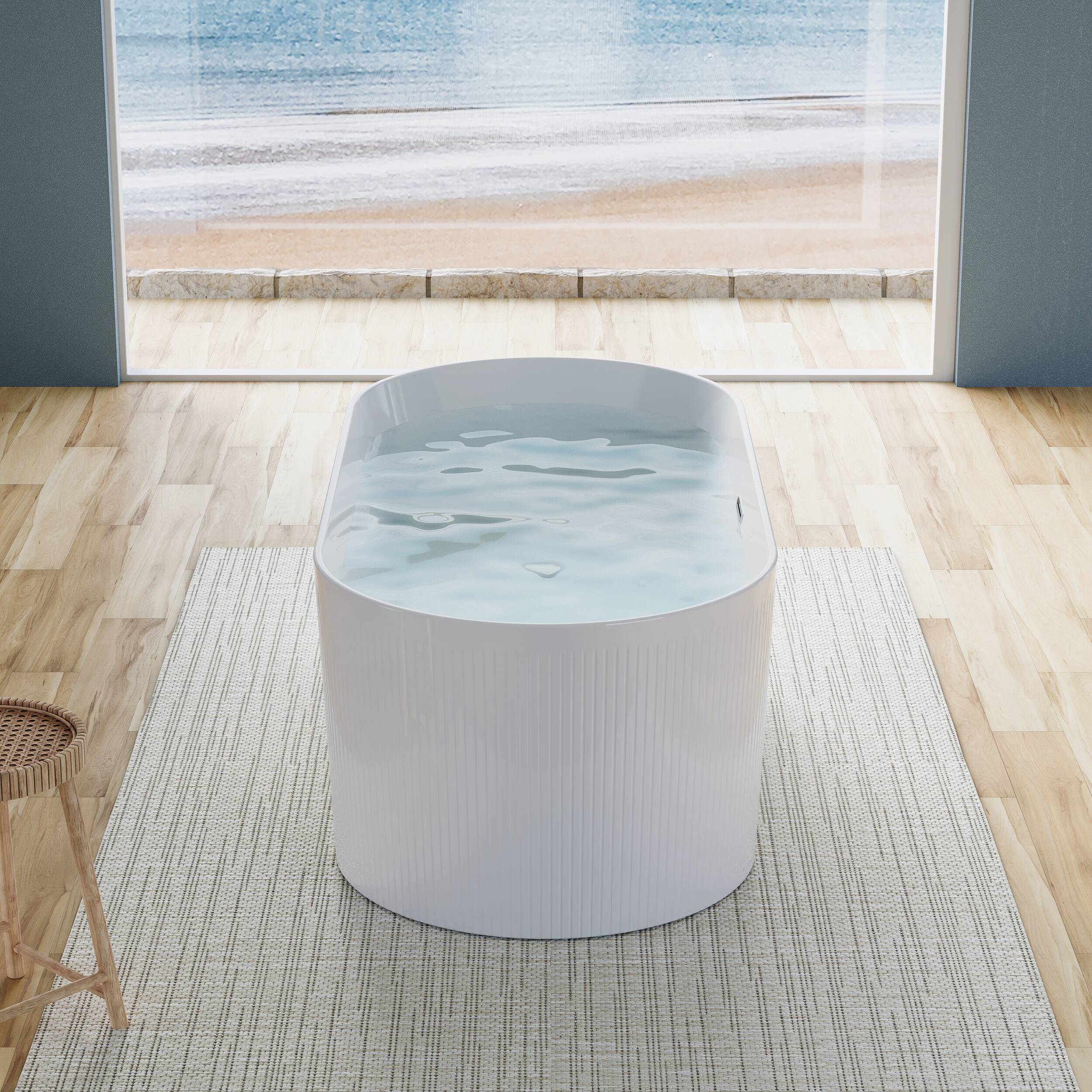 Left. WELLFOR - Elego 67 in. x 31.5 in. Acrylic Oval Freestanding Soaking Bathtub with Center Drain and Overflow - White.