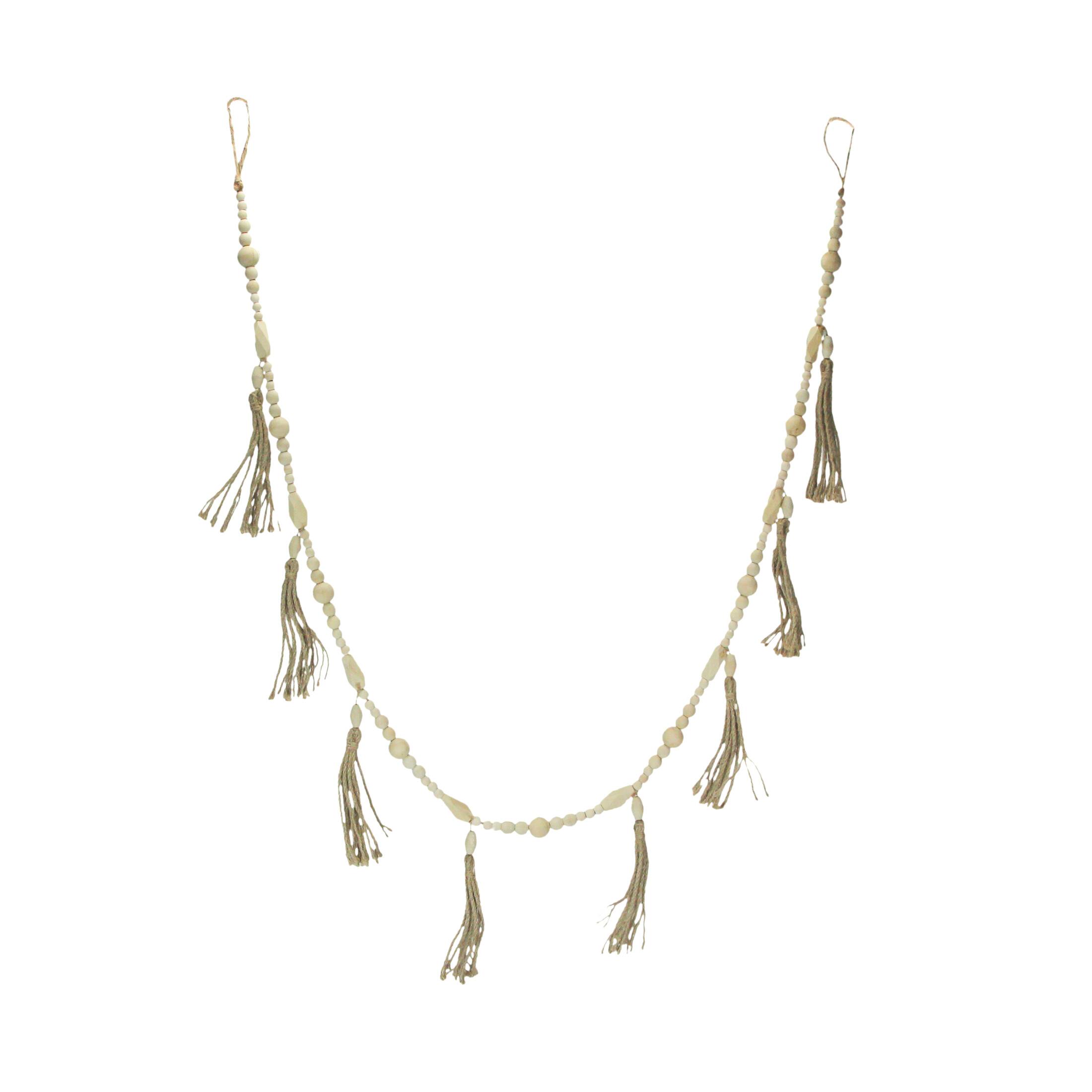 Front. PD Home & Garden - Bohemian Style Wooden Bead and Jute Rope Tassel Hanging Garland Boho - Tan.