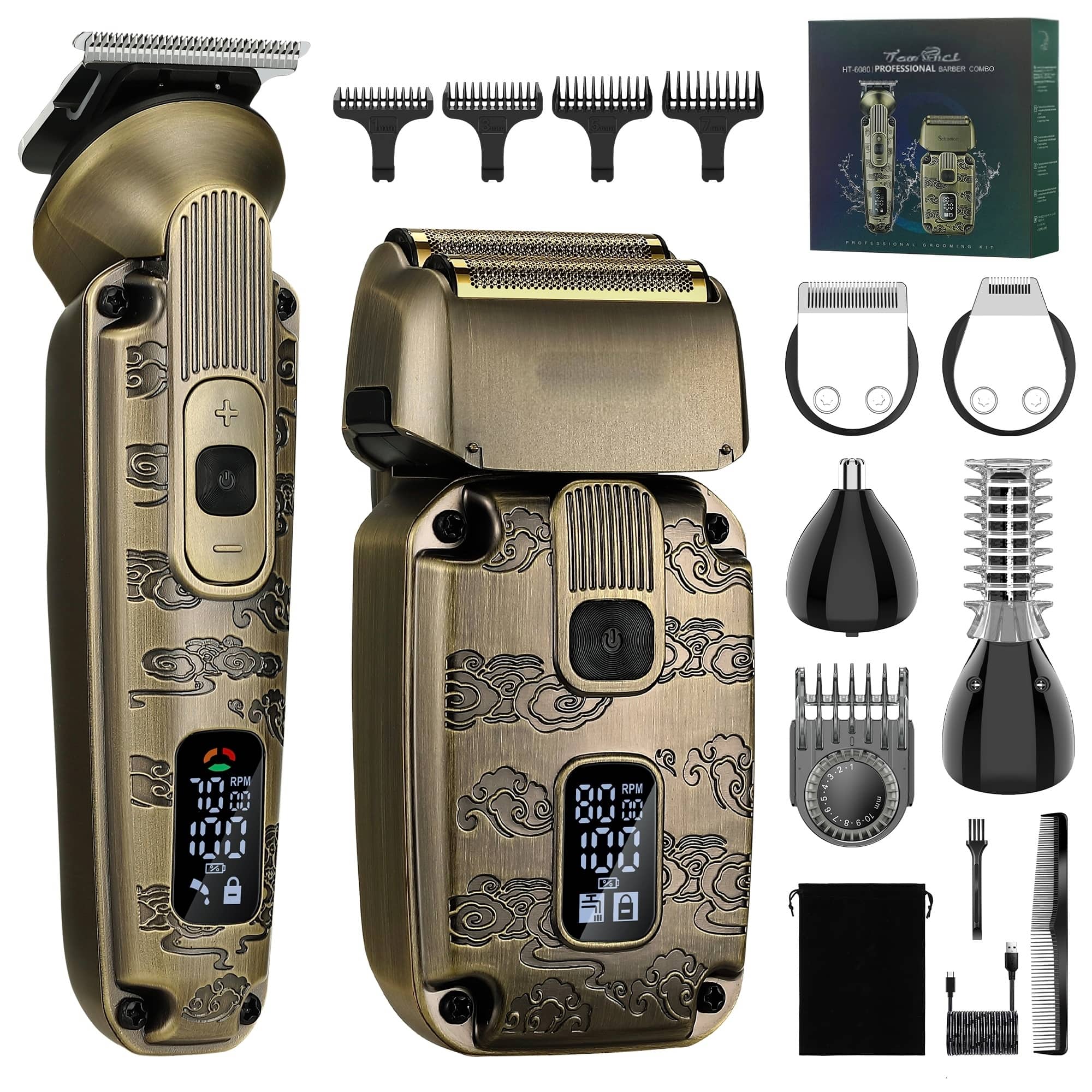 HATTEKER - Men’s Foil Shaver & T-Blade Trimmer Grooming Kit, Cordless Waterproof Electric Razor for Beard and Bald Head Shaving - bronze