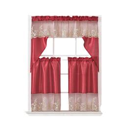 RT Designers Collection - Polyester Bethany Embroidered 3 PC Kitchen Curtains Tier & Swag Set 60" x 36" - Red