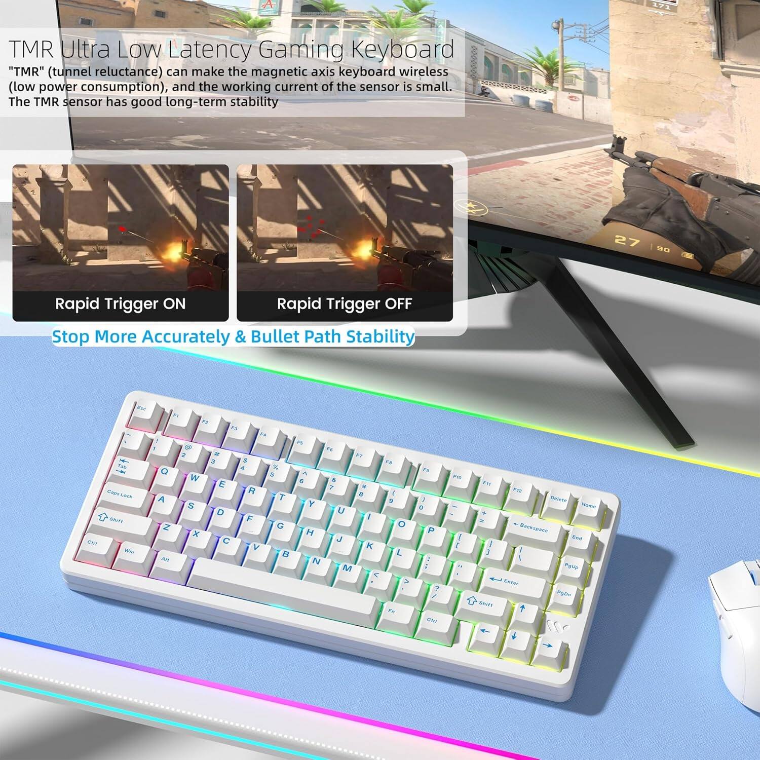 TMR Ultra Low Latency Gaming Keyboard

"TMR" (tunnel reluctance) can make the magnetic axis keyboard wireless (low power consumption), and the working current of the sensor is small. The TMR sensor has good long-term stability.

Rapid Trigger ON
Rapid Trigger OFF

Stop More Accurately & Bullet Path Stability
