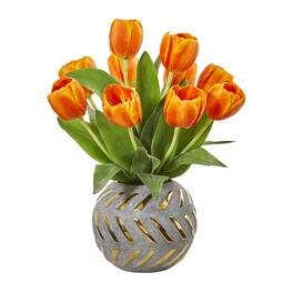 BreeBe - 15" Tulip Artificial Arrangement in Decorative Vase - Orange