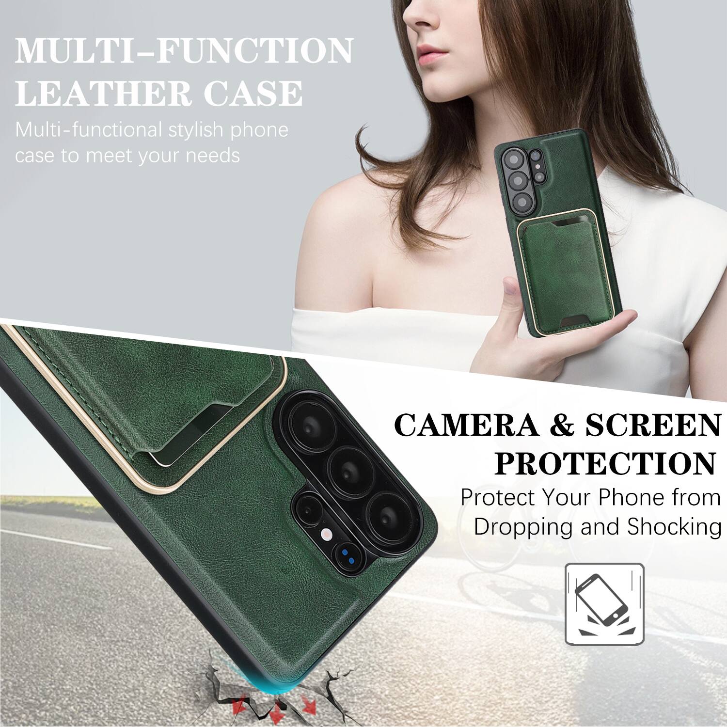 MULTI-FUNCTION LEATHER CASE  
Multi-functional stylish phone case to meet your needs  

CAMERA & SCREEN PROTECTION  
Protect Your Phone from Dropping and Shocking