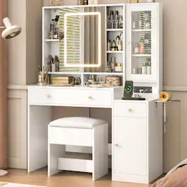 Espafurni - 43" Vanity Desk Set with LED Light Mirror & Power Outlet, Makeup Table with Shelves & 2 Drawers - White