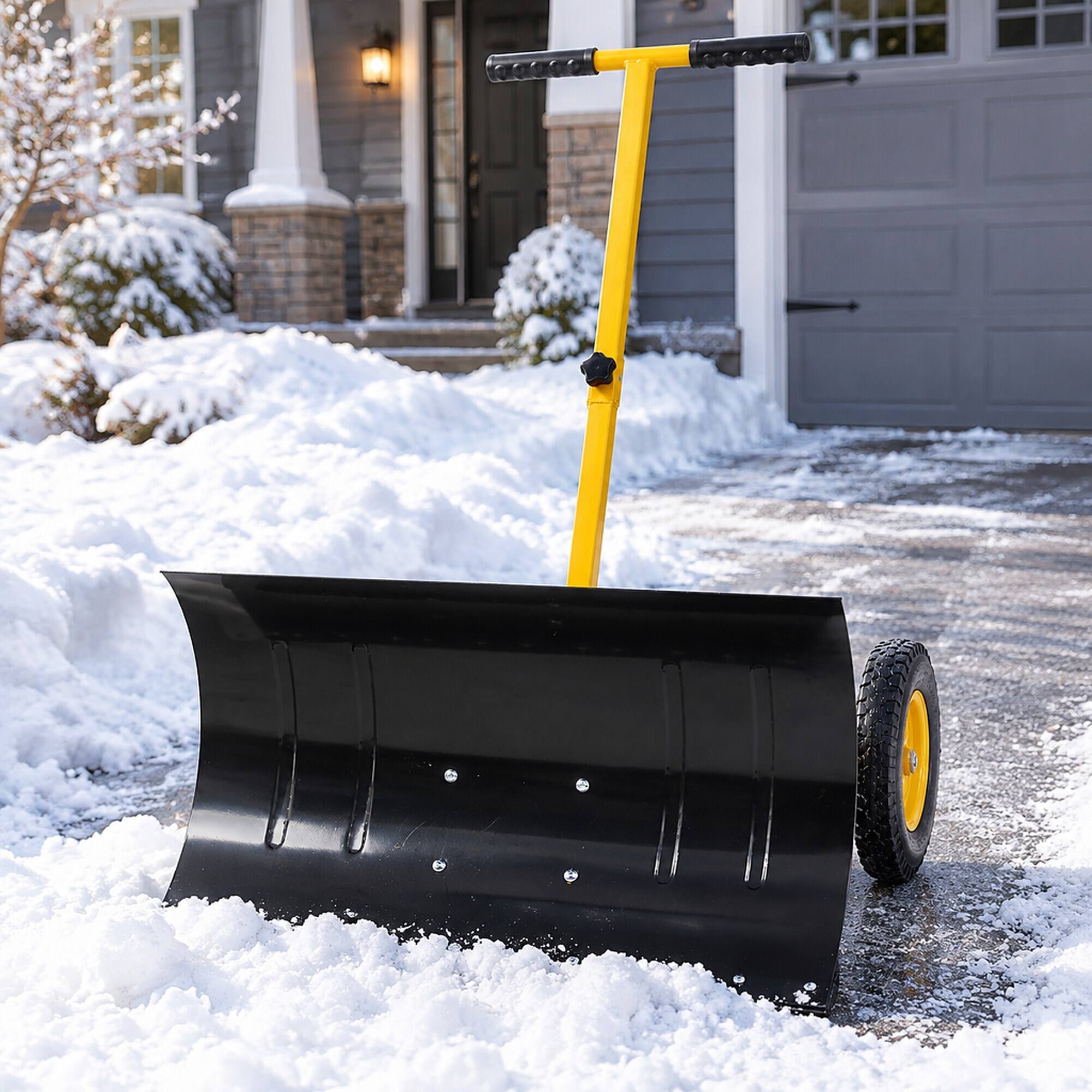 Angle. RYHNUYNE - Snow Shovel with Wheels, 29 in Blade, 10 in Rubber Wheels, Adjustable Handle, Yellow - Yellow.