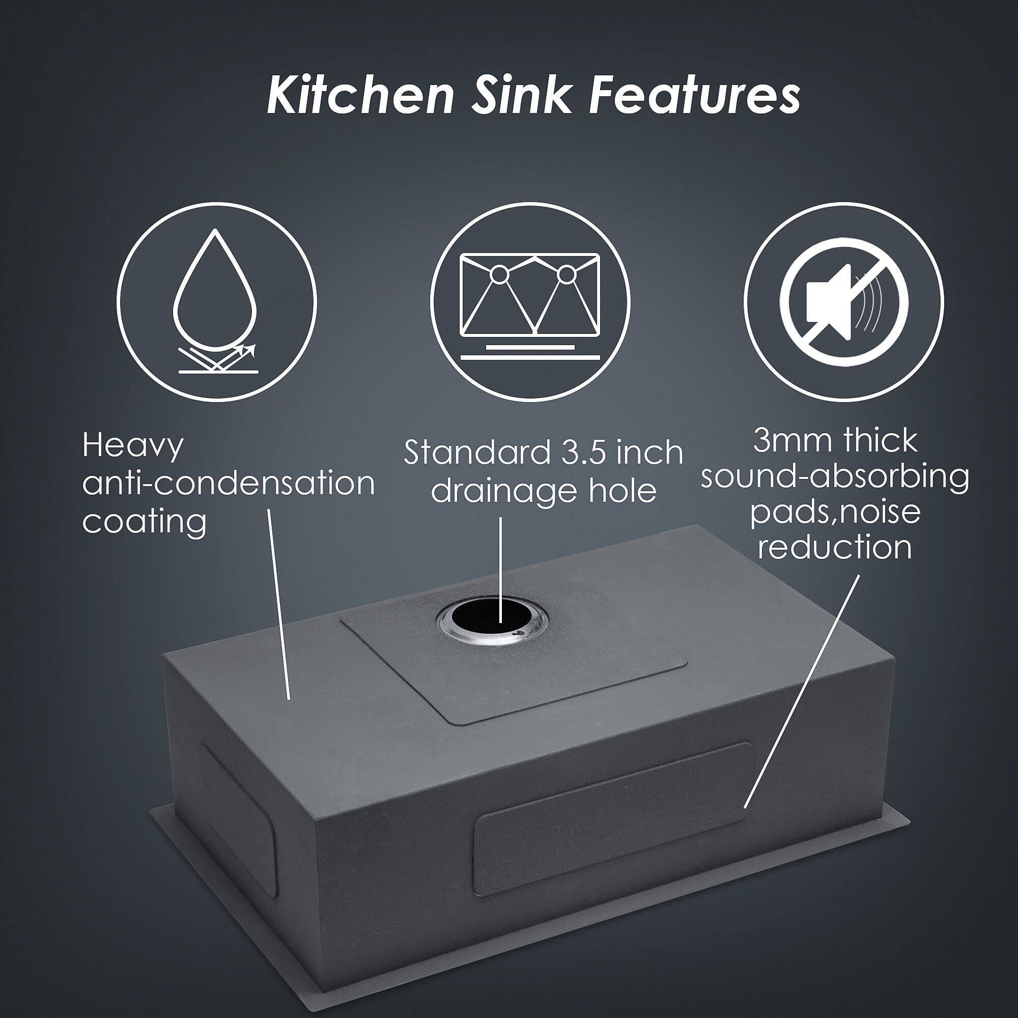Kitchen Sink Features

- Heavy anti-condensation coating
- Standard 3.5 inch drainage hole
- 3mm thick sound-absorbing pads, noise reduction