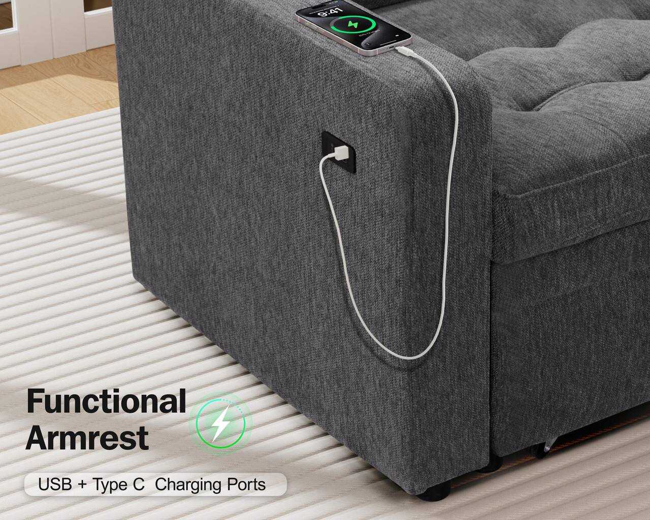 9:41 N  
Functional Armrest  
USB + Type C Charging Ports
