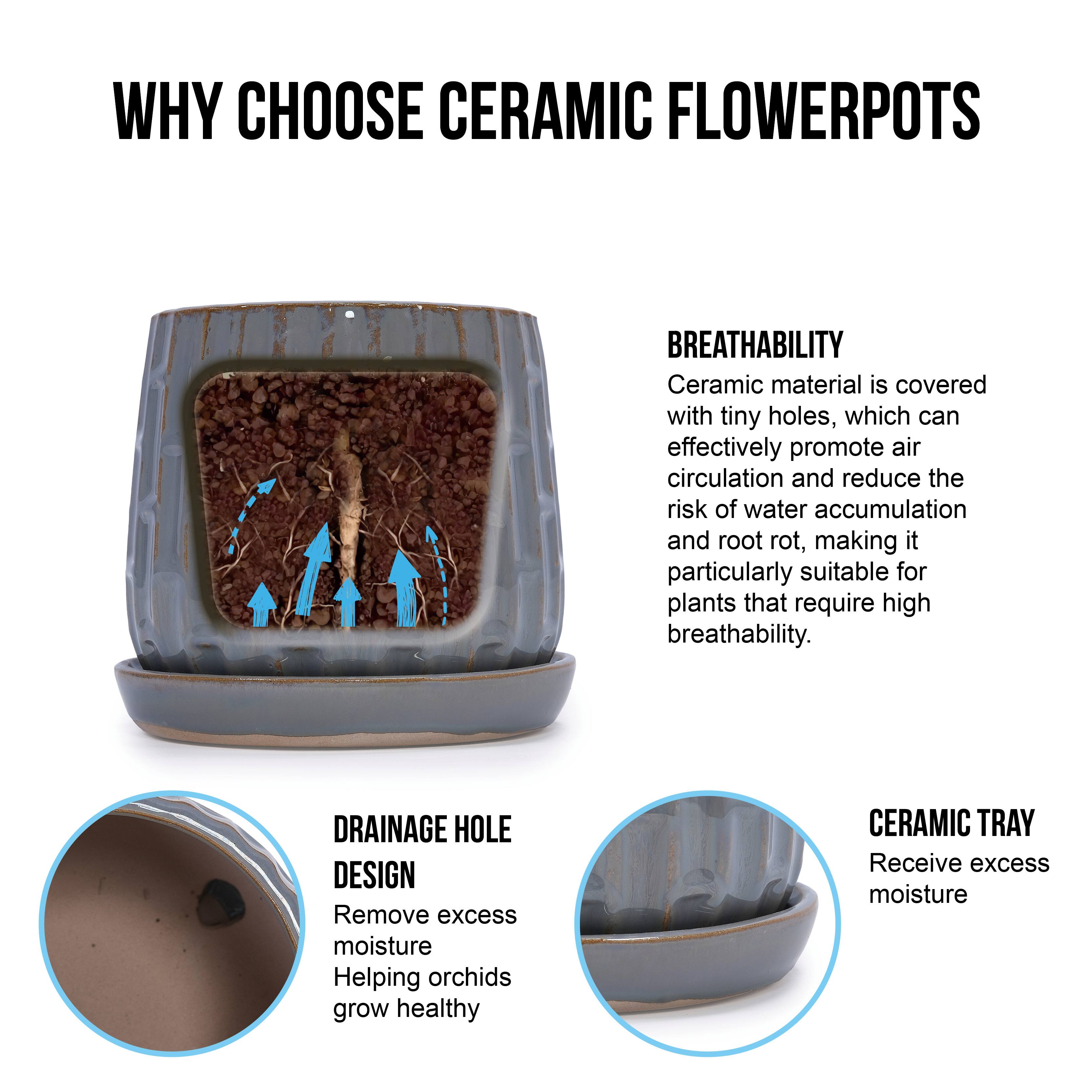 WHY CHOOSE CERAMIC FLOWER POTS

BREATHABILITY
Ceramic material is covered with tiny holes, which can effectively promote air circulation and reduce the risk of water accumulation and root rot, making it particularly suitable for plants that require high breathability.

DRAINAGE HOLE DESIGN
Remove excess moisture
Helping orchids grow healthy

CERAMIC TRAY
Receive excess moisture