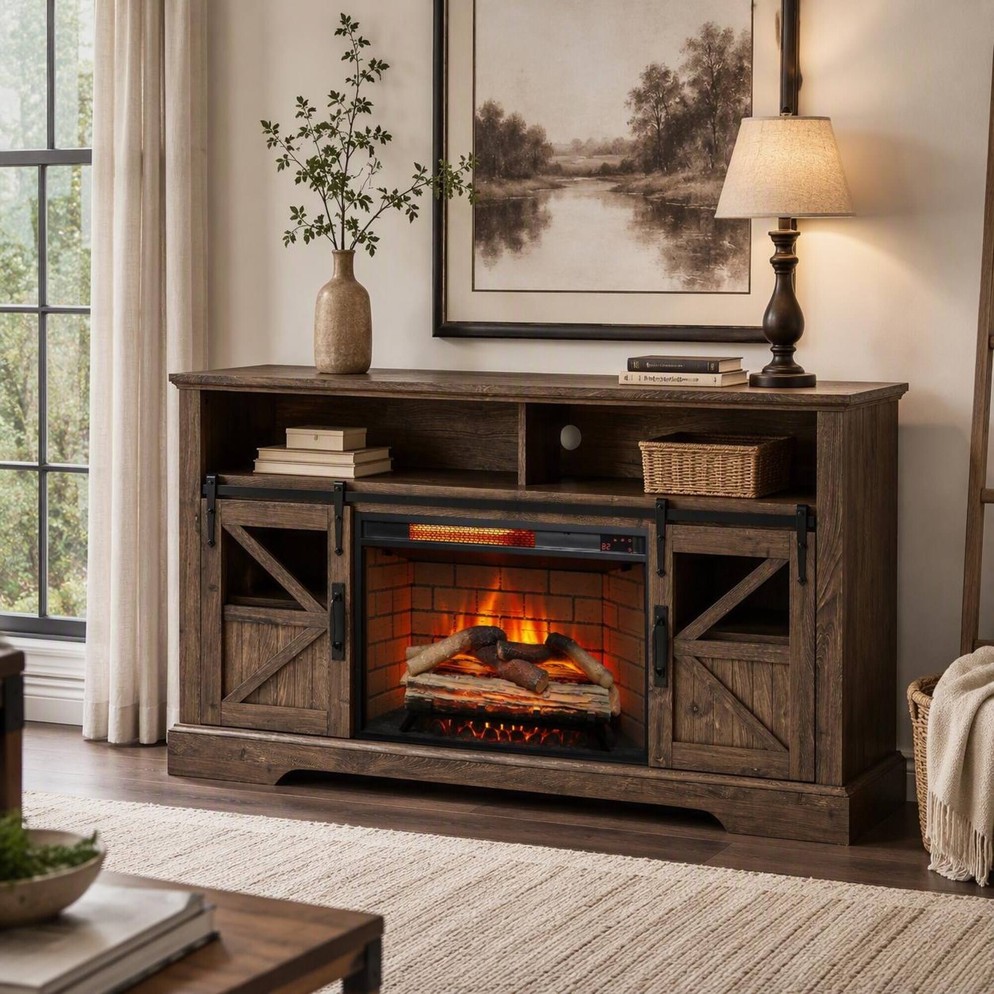 Angle. RYHNUYNE - 60 Inch Electric Fireplace Media Center With Door Sensor, Reclaimed Barnwood Finish For Living Room Storage Decor - Reclaimed Barnwood.