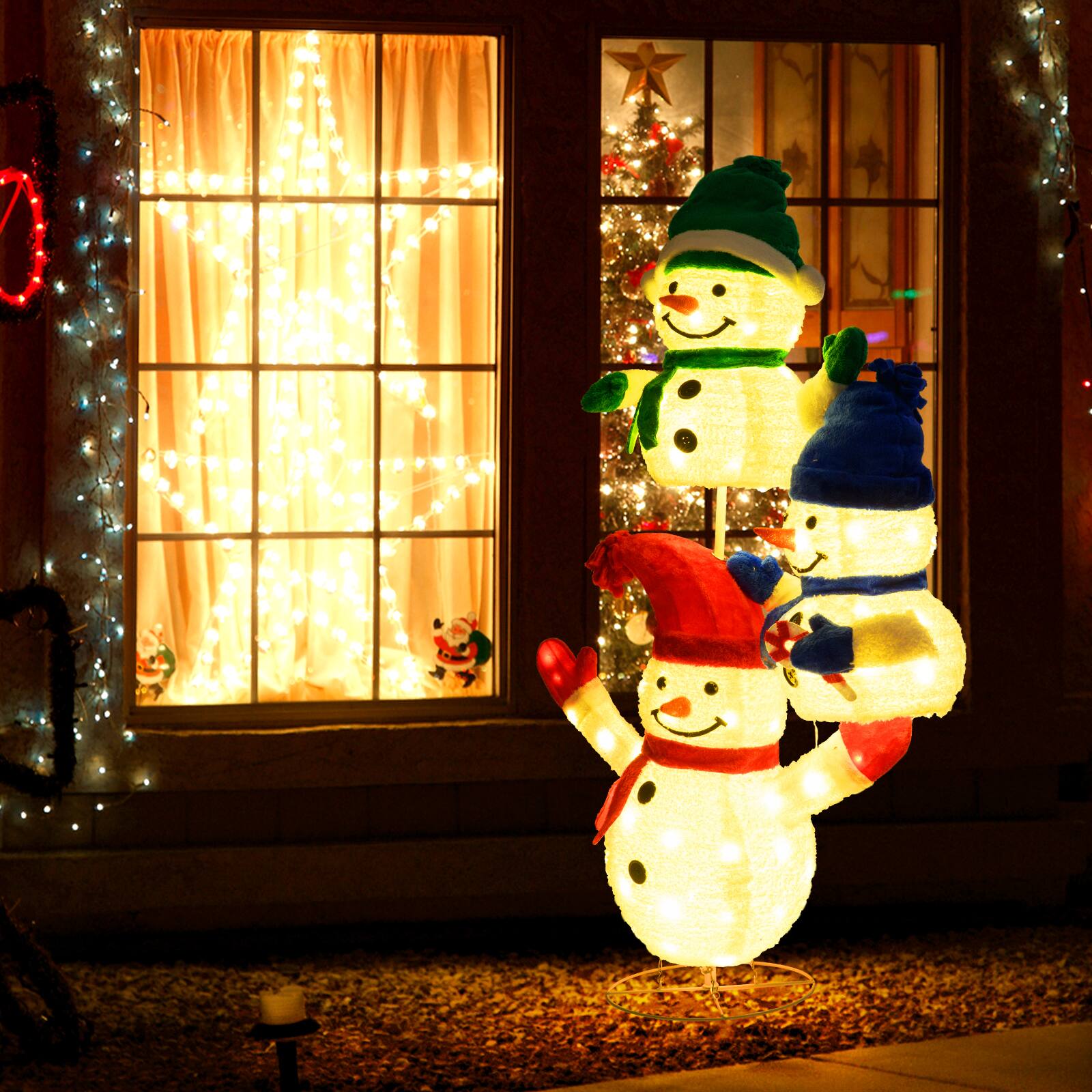 Alt View 4. Gymax - Gymax 5 FT Stacked Snowman Lighted Christmas Decoration w/110 LED Lights Ground Stakes - White.