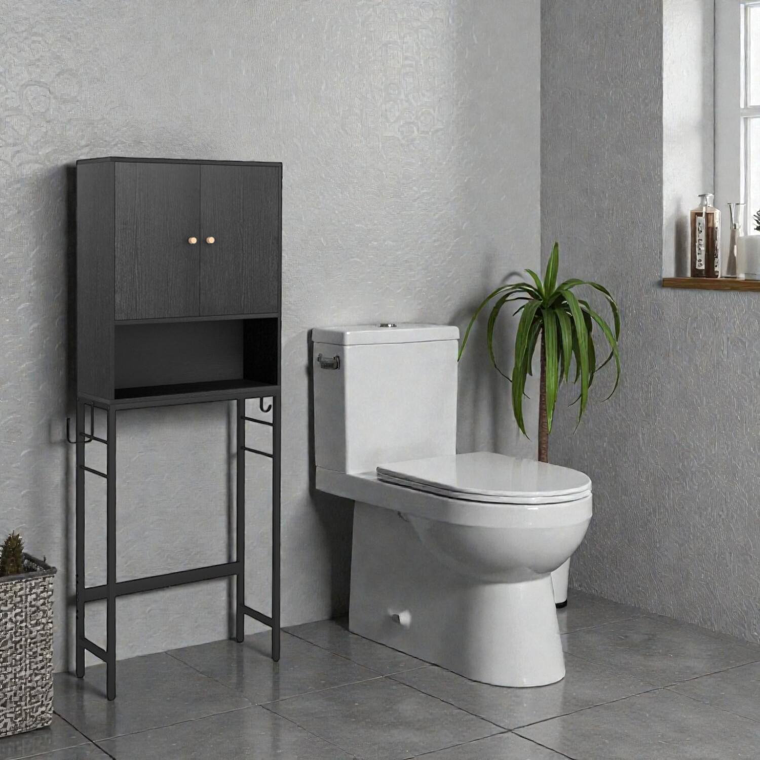 Front. Hivvago - Freestanding Bathroom Storage Cabinet with Dual Doors and Customizable Shelves - Black.