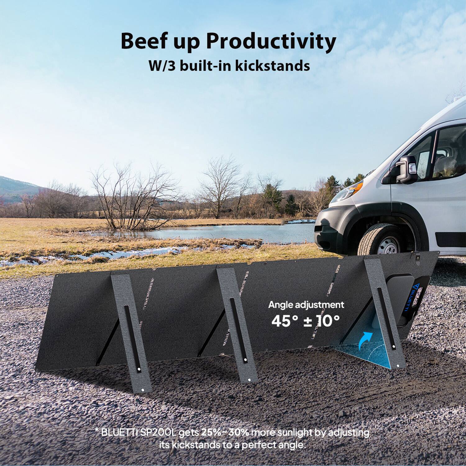 Beef up Productivity  
W/3 built-in kickstands  

Angle adjustment  
45° ± 10°  

*BLUETTI SP200L gets 25%-30% more sunlight by adjusting its kickstands to a perfect angle.