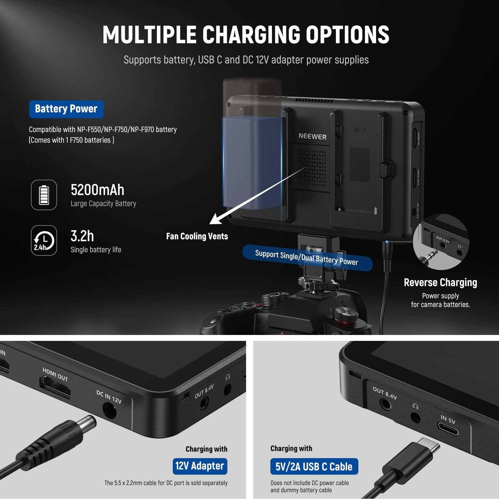 **MULTIPLE CHARGING OPTIONS**  
Supports battery, USB C and DC 12V adapter power supplies

**Battery Power**  
Compatible with NP-F550/NP-F750/NP-F970 battery  
(Comes with 1 F750 batteries)  

- **5200mAh**  
  Large Capacity Battery  

- **3.2h**  
  Single battery life  

- **Fan Cooling Vents**  
  Support Single/Dual Battery Power  

- **Reverse Charging**  
  Power supply for camera batteries.  

**Charging with 12V Adapter**  
The 5.5 x 2.2mm cable for DC port is sold separately  

**Charging with 5V/2A USB C Cable**  
Does not include DC power cable and dummy battery cable