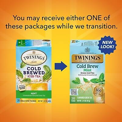 You may receive either ONE of these packages while we transition.

NEW LOOK!

TWININGS
COLD BREWED ICED TEA
MINT
Deliciously Unsweetened
20 SINGLE SERVE TEA BAGS
NET WT 1.4 OZ (40g)
BREW IN COLD WATER

TWININGS
Cold Brew
Mint
Green Iced Tea
Deliciously Unsweetened
20 SINGLE SERVE TEA BAGS
NET WT 1.4 OZ (40g)