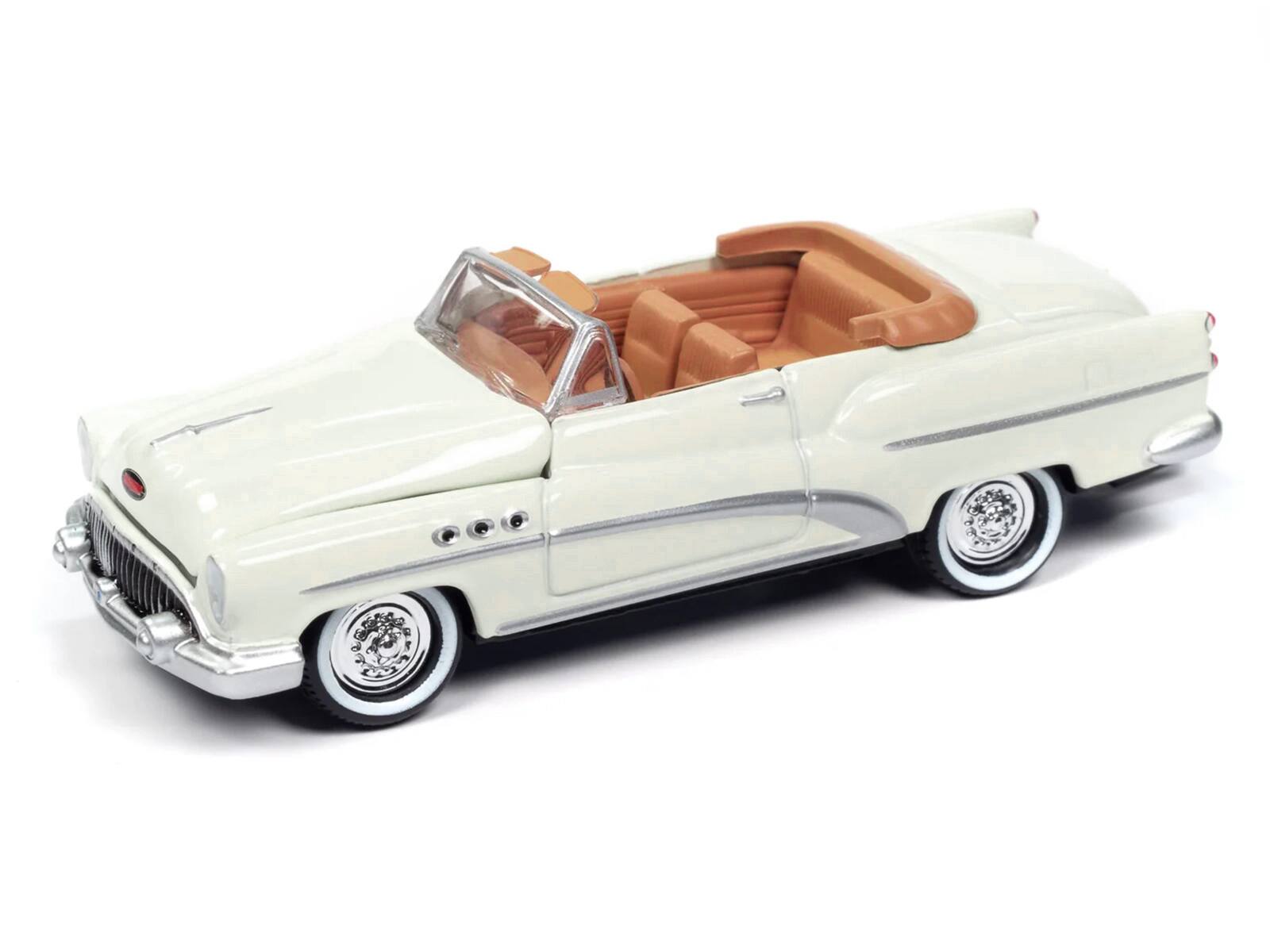 Angle. Johnny Lightning - 1953 Buick Super Cream with Travel Trailer Limited Edition "Tow & Go" Series 1/64 Diecast Model Car by Johnny Lightning - Cream.