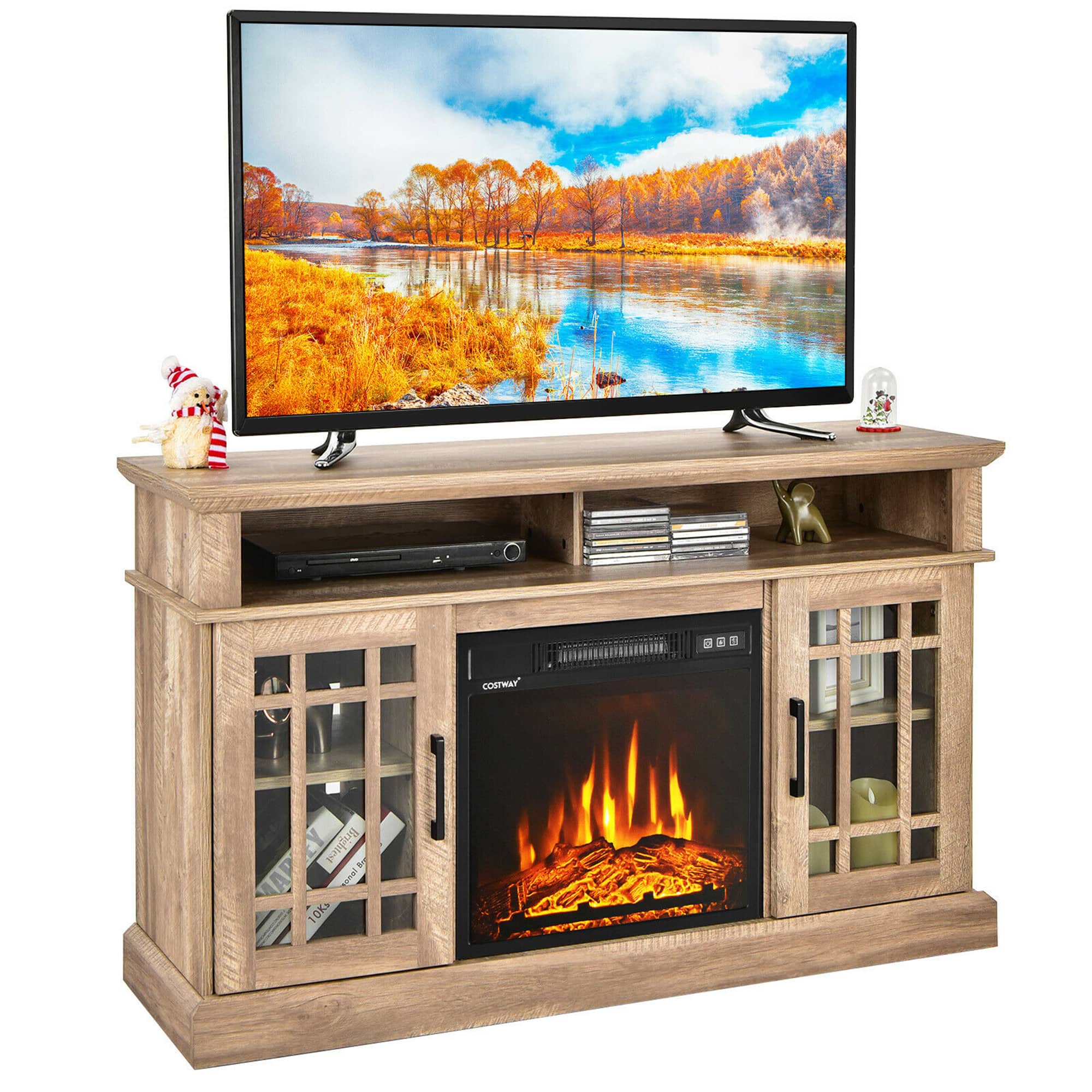 Gymax - 48'' Fireplace TV Stand W/ 1400W Electric Fireplace for TVs up to 50 Inches - Natural