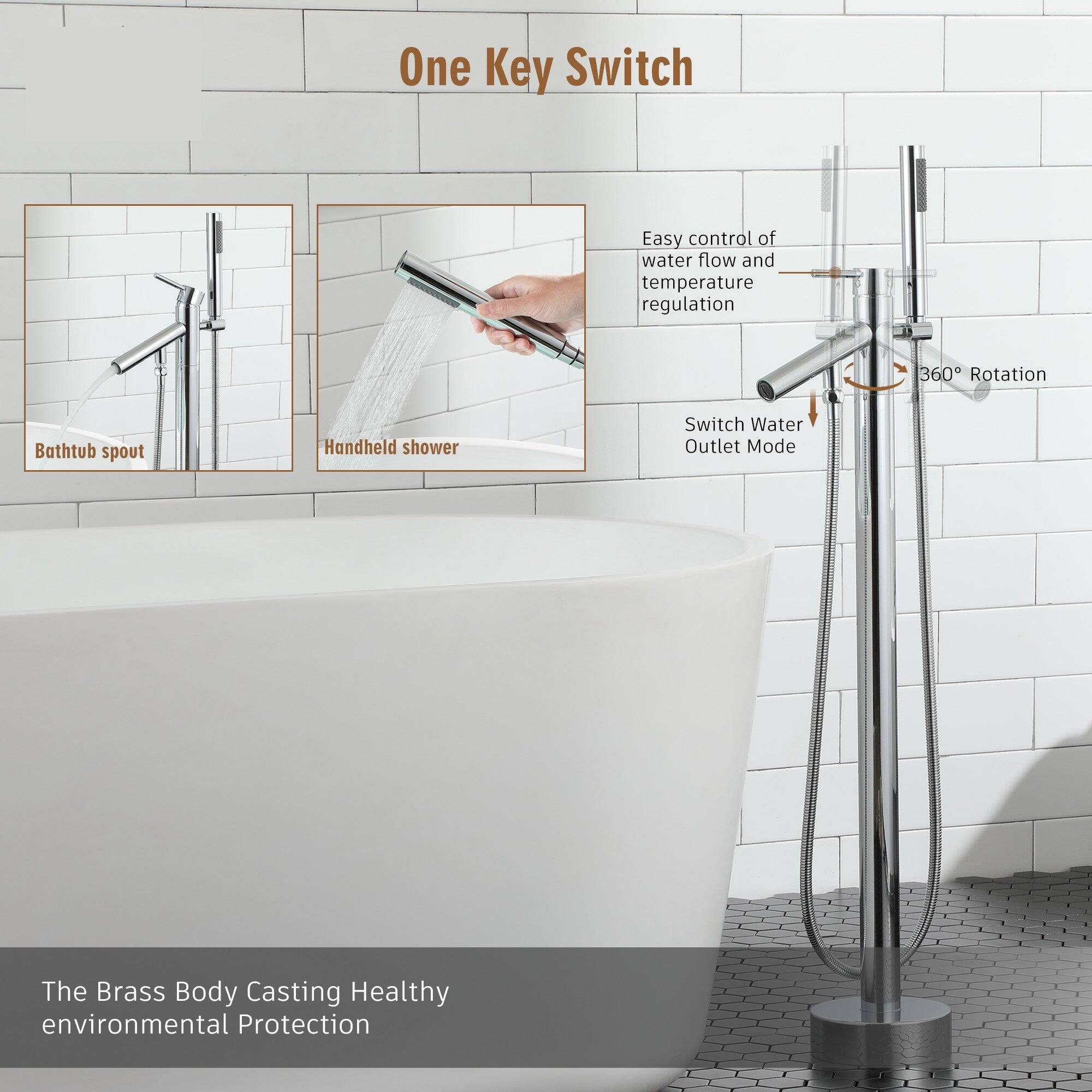 One Key Switch, Easy control of water flow and temperature regulation, 360° Rotation, Bathtub spout, Handheld shower, Switch Water Outlet Mode, The Brass Body Casting Healthy environmental Protection