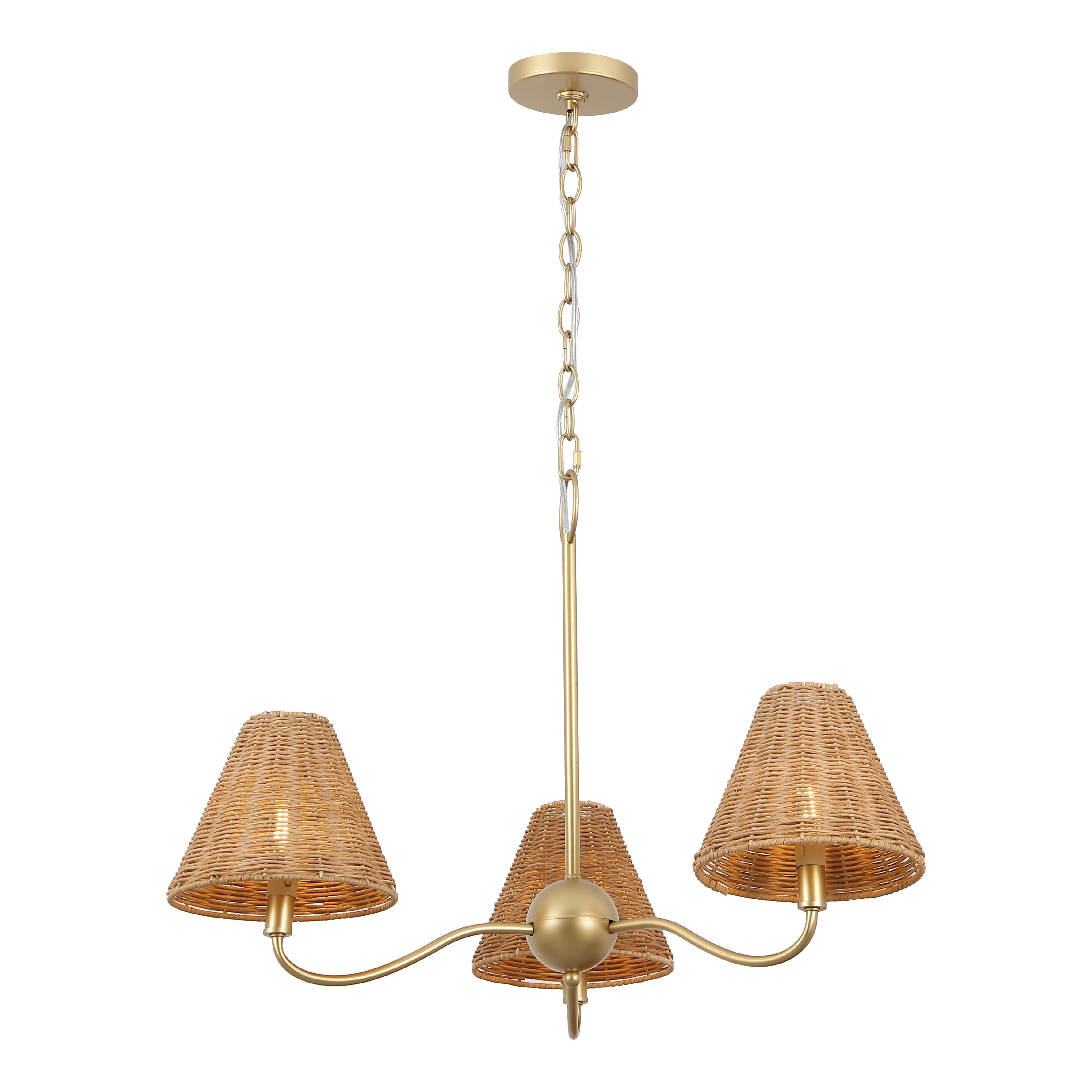 "Jonathan Y - Grady 27"" 3-Light Adjustable Swooping Arm Metal with Hand-Woven Rattan Shades LED Chandelier, /Brown - Gold Painting" price history on PriceWatchPro