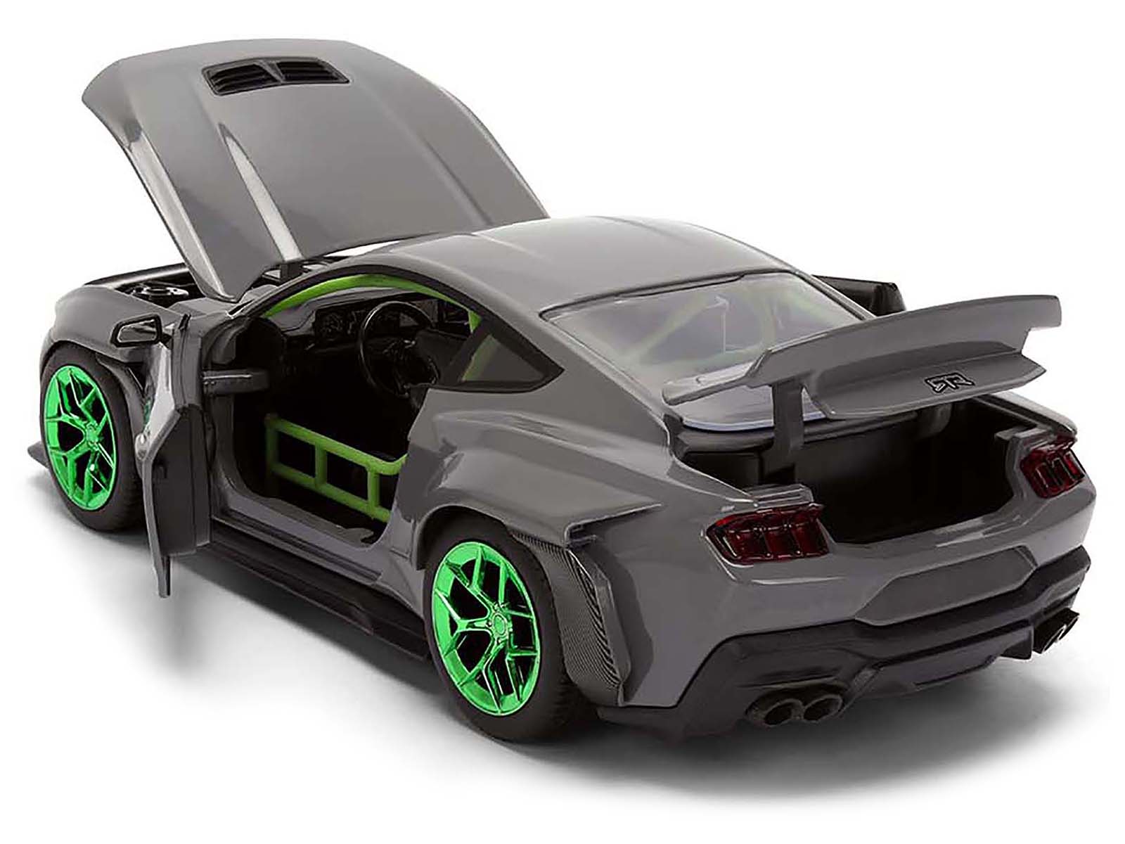 Back. Jada - 2024 Ford Mustang RTR Gray with Green Wheels "Bigtime Muscle" Series 1/24 Diecast Model Car by Jada - Gray with Green.