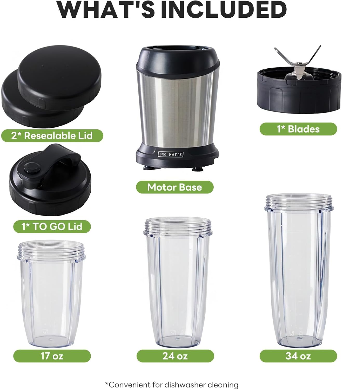 **WHAT'S INCLUDED**

- 2* Resealable Lid
- 1* TO GO Lid
- 1* Blades
- Motor Base
- 17 oz
- 24 oz
- 34 oz

*Convenient for dishwasher cleaning