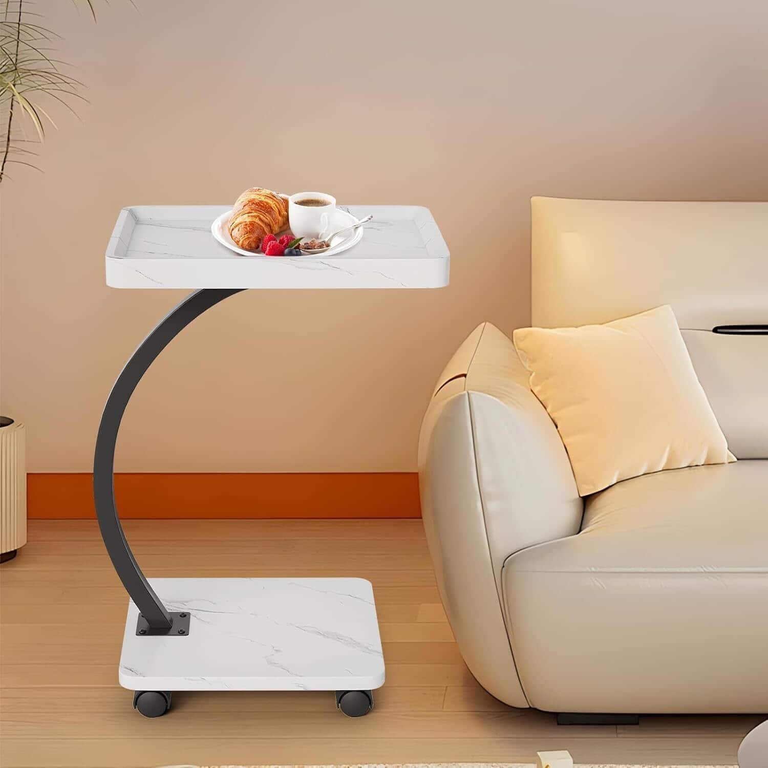 Acekool - C-Shaped Side Table with Wheels, End Table for Small Spaces, White