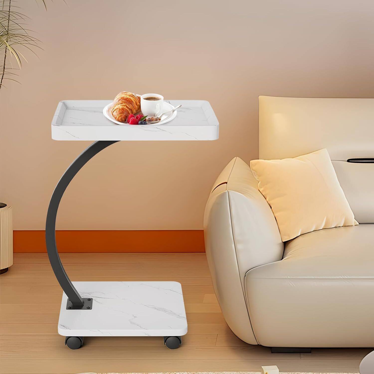 Front. Acekool - C-Shaped Side Table with Wheels, End Table for Small Spaces, White.