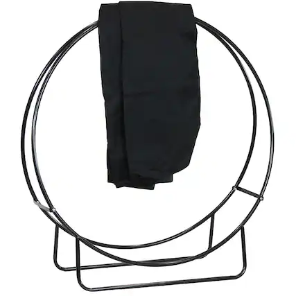 Front. Sunnydaze - 48 in Powder-Coated Steel Firewood Log Hoop Rack with Cover - Black.
