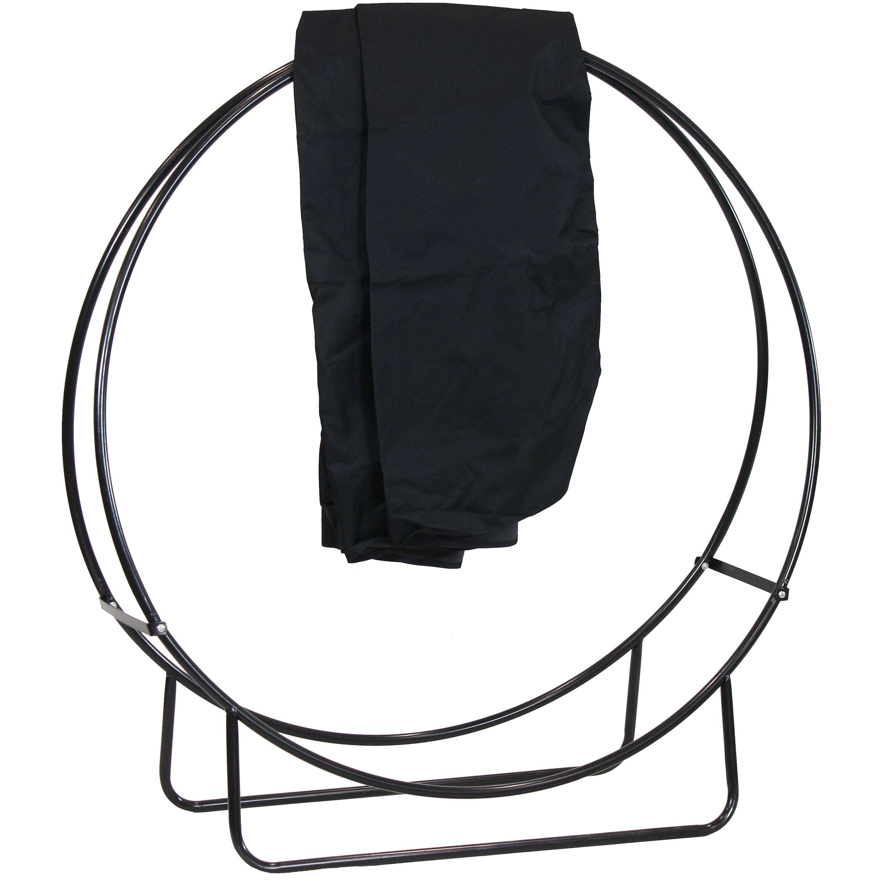 Front. Sunnydaze - 48 in Powder-Coated Steel Firewood Log Hoop Rack with Cover - Black.