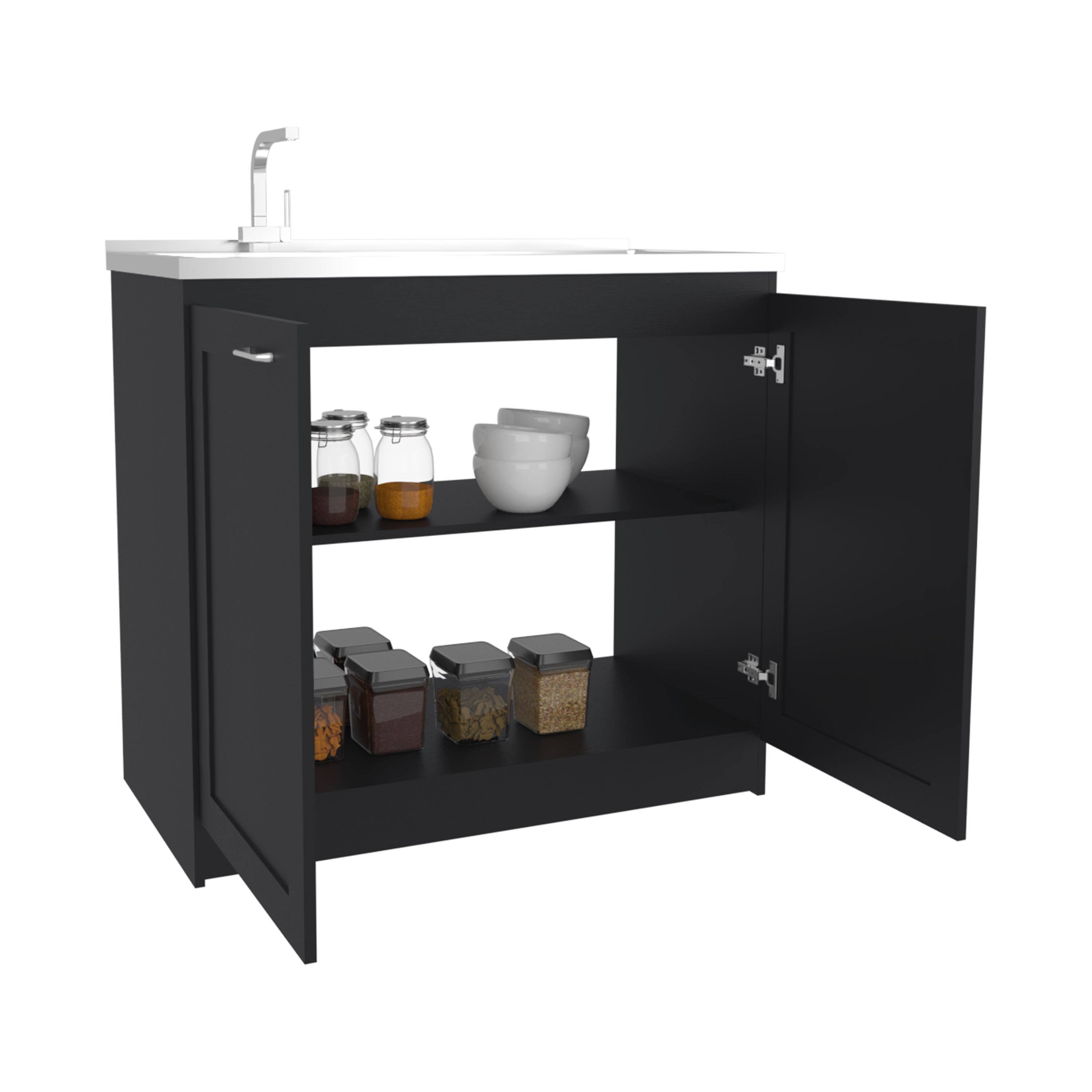 Alt View 2. TuHome - Zurich 39" Wide Utility Sink, Base Cabinet Two-Door Cabinet With Two Shelves, Stainless Steel Sink - Black.