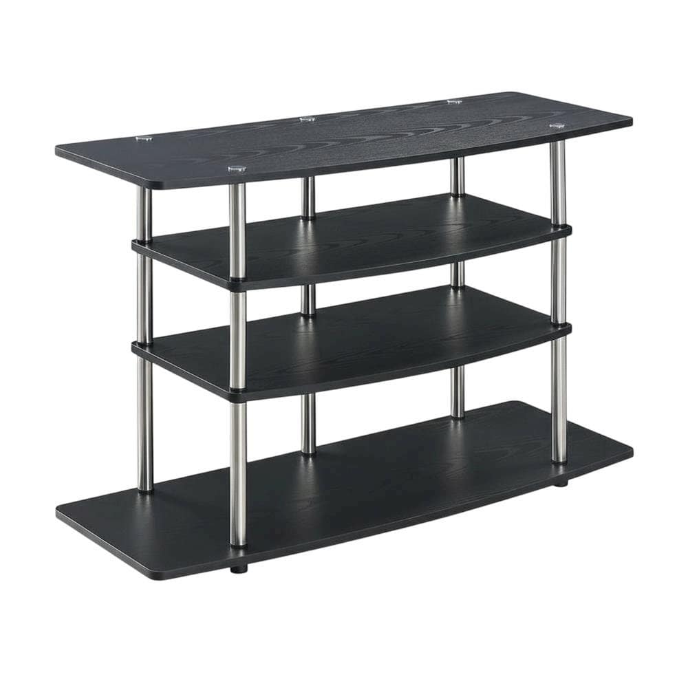 FurniFact - No Tools Wide Highboy TV Stand, Particle Board Shelves, Steel Poles - Black