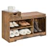 The image features a wooden shoe rack with a variety of shoes displayed on it. There are several pairs of shoes, including boots and sandals, arranged neatly on the shelf. The shoe rack is placed on a table, and there is a cup nearby. The shoes are organized in a way that allows for easy access and visibility, making it a functional and stylish storage solution for the footwear collection.
