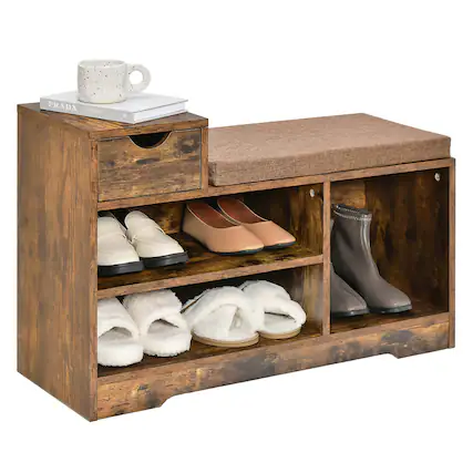The image features a wooden shoe rack with a variety of shoes displayed on it. There are several pairs of shoes, including boots and sandals, arranged neatly on the shelf. The shoe rack is placed on a table, and there is a cup nearby. The shoes are organized in a way that allows for easy access and visibility, making it a functional and stylish storage solution for the footwear collection.