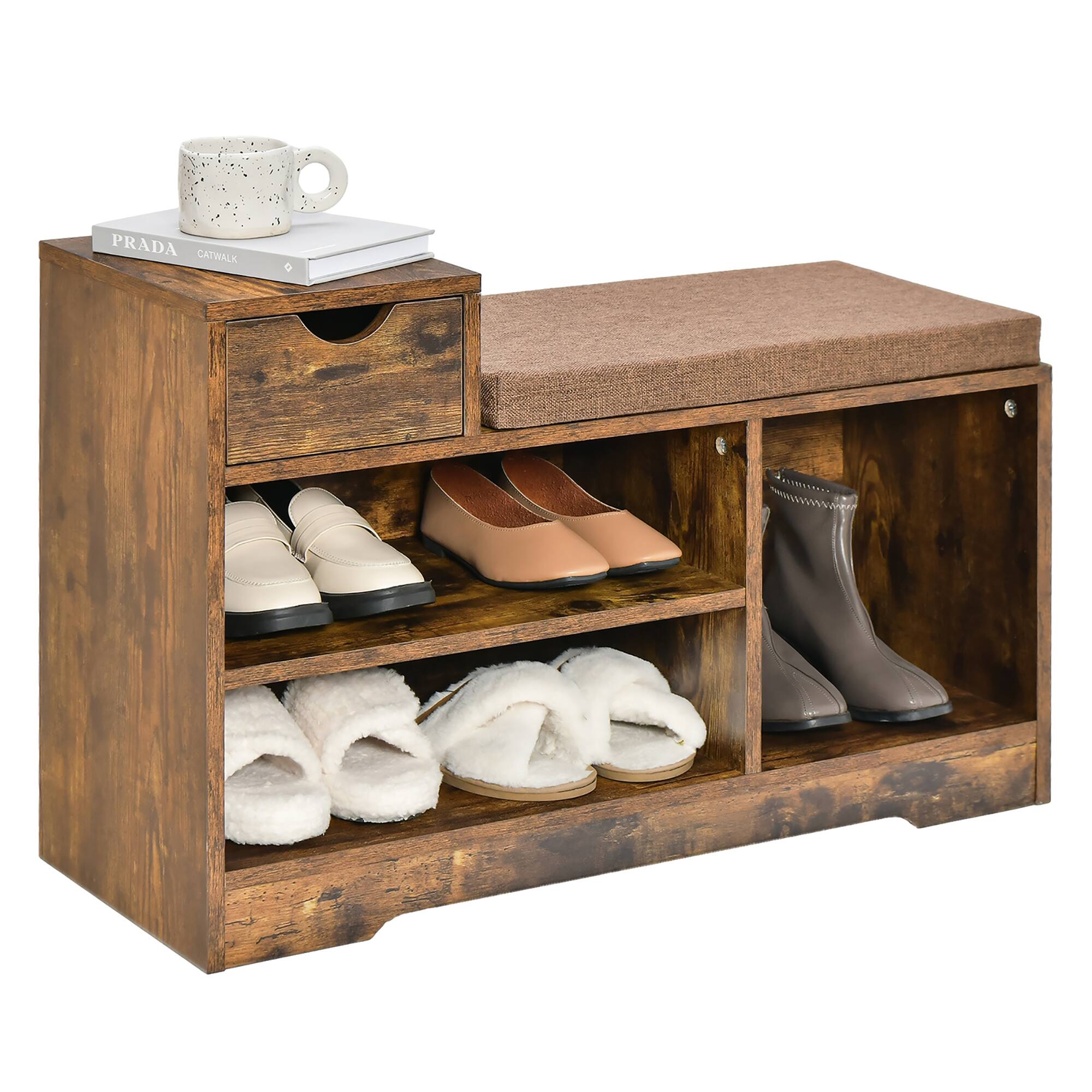 Costway - 2-tier Shoe Bench Storage Shoe Rack Organizer Cabinet with Cushion for Entryway - Rustic Brown