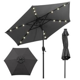 Costway - 7.5 ft Solar Powered Patio Umbrella with LED Lights Push Button Tilt Crank Handle - Gray
