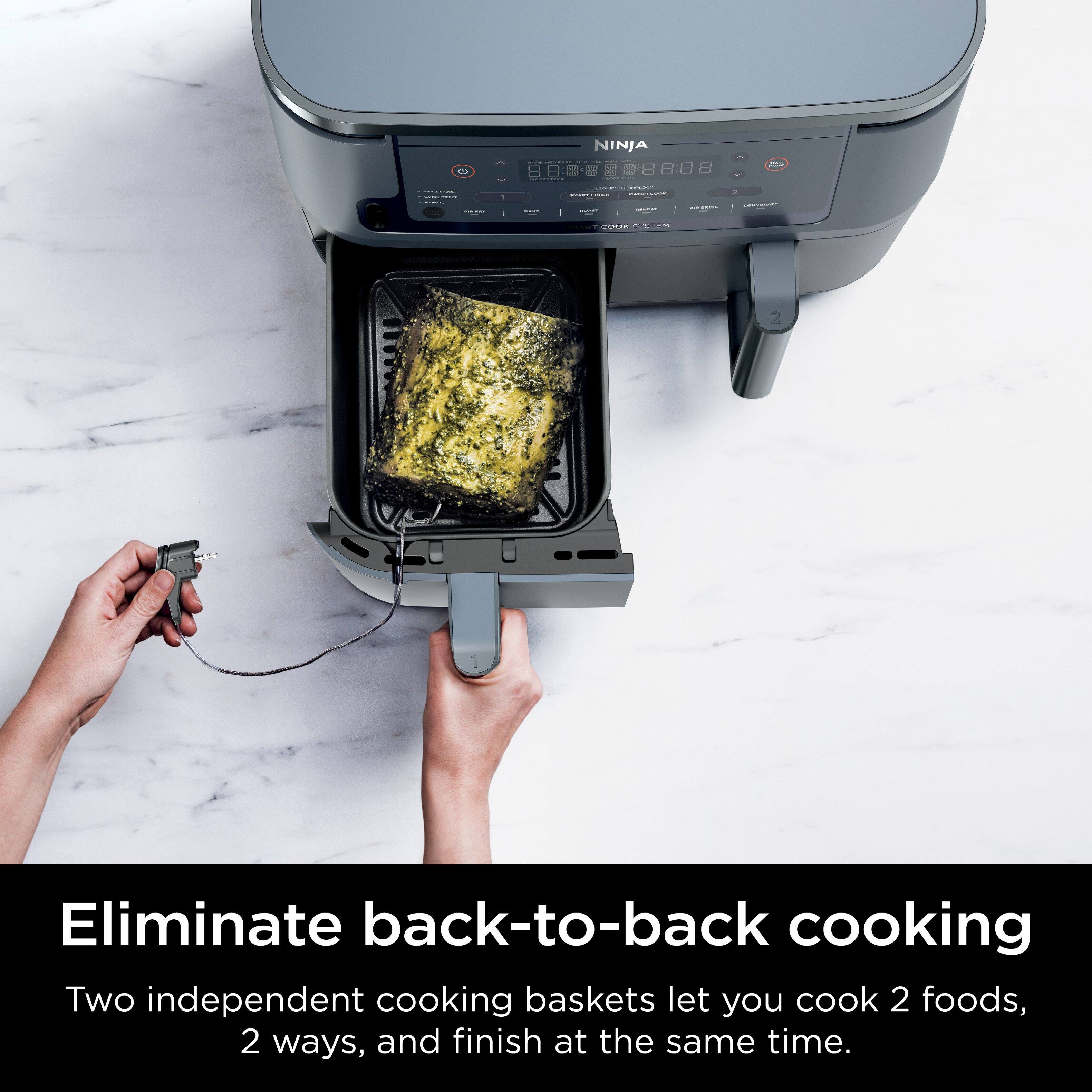 Ninja - Eliminate back-to-back cooking. Two independent cooking baskets let you cook 2 foods, 2 ways, and finish at the same time.
