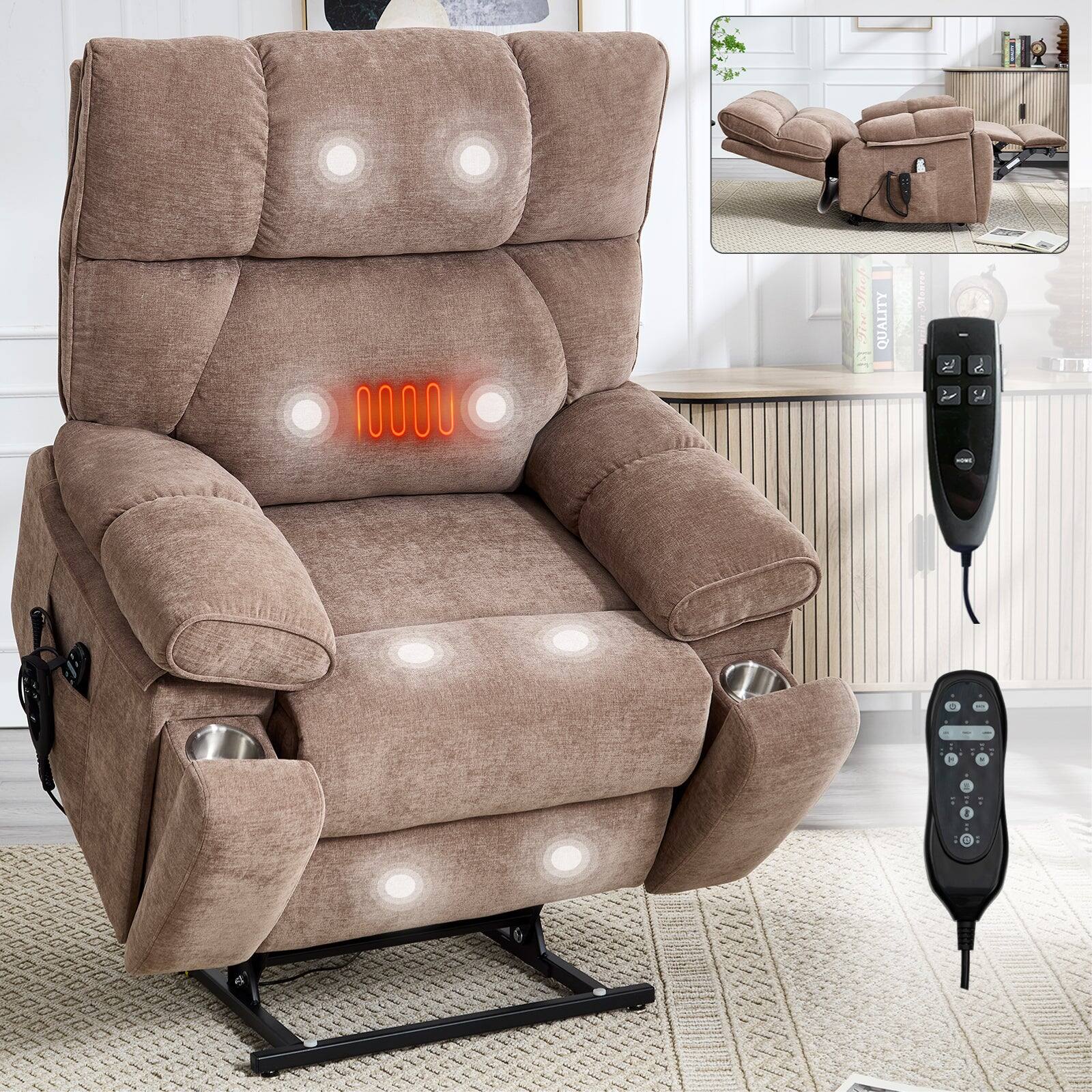 Alt View 9. Boyel Living - Brown Heat Massage Dual Motor Infinite Position Up to 350 LBS Large Electric Power Lift Recliners - Brown.