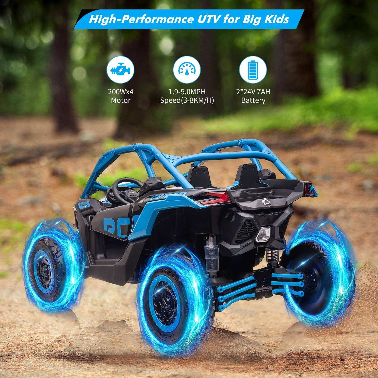 High-Performance UTV for Big Kids

- 200Wx4 Motor
- 1.9-5.0MPH Speed (3-8KM/H)
- 2x24V 7AH Battery