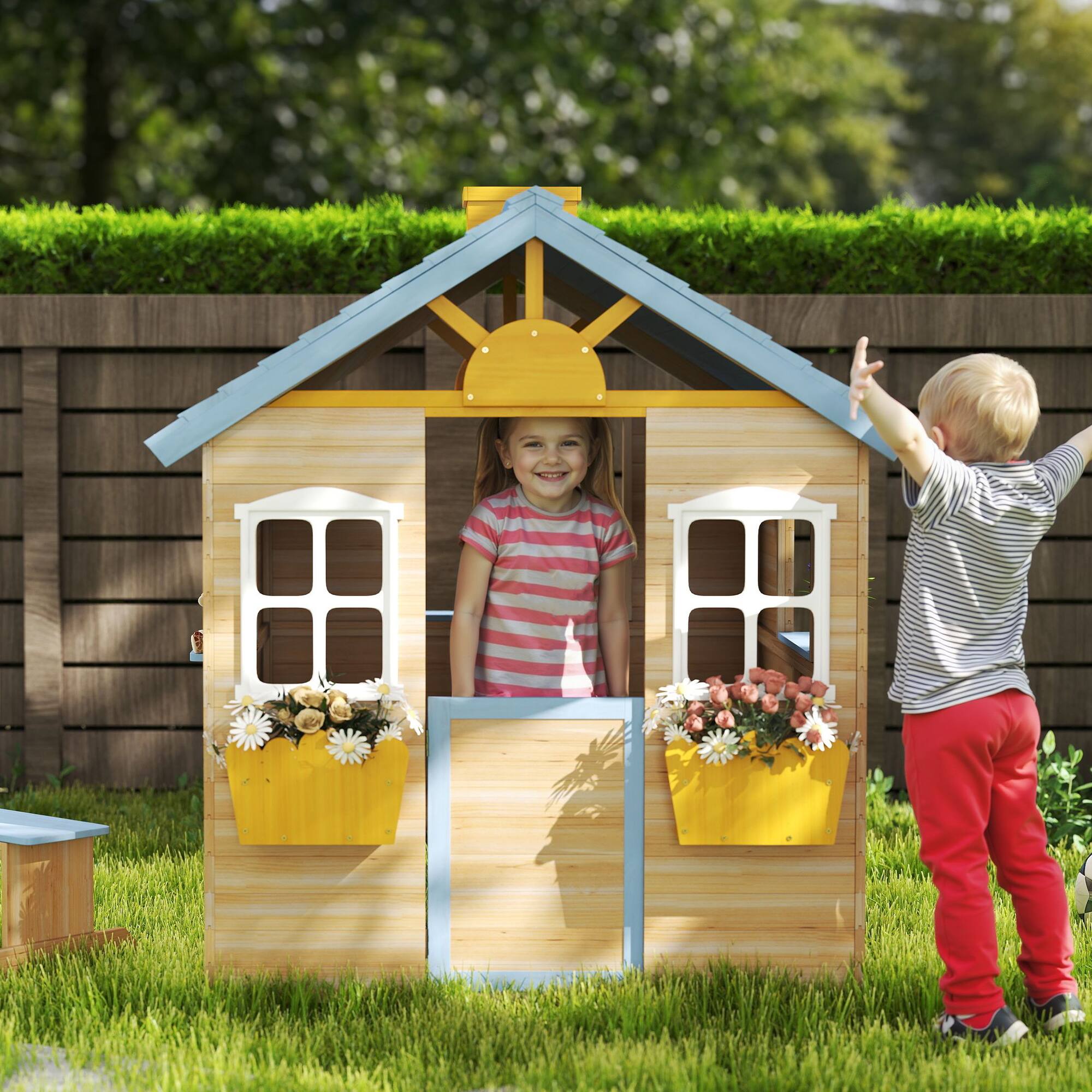 Alt View 4. Outsunny - Wooden Playhouse for Kids Outdoor Garden Pretend Play Games, Adventures Cottage, with Working Door, Windows, Bench.