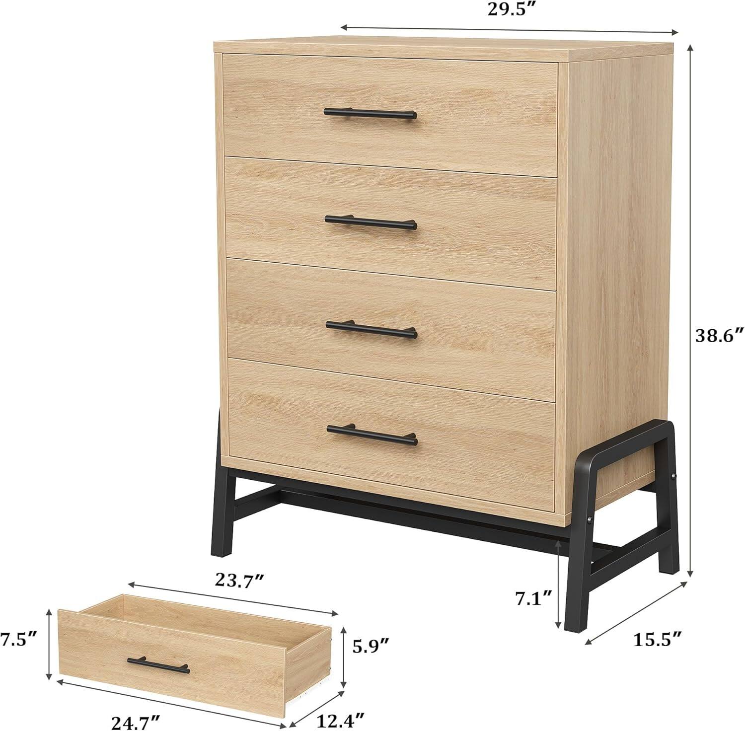 29.5" (width)  
38.6" (height)  
23.7" (depth)  
7.1" (leg height)  
7.5" (drawer height)  
5.9" (drawer depth)  
15.5" (leg width)  
24.7" (top drawer width)  
12.4" (top drawer depth)