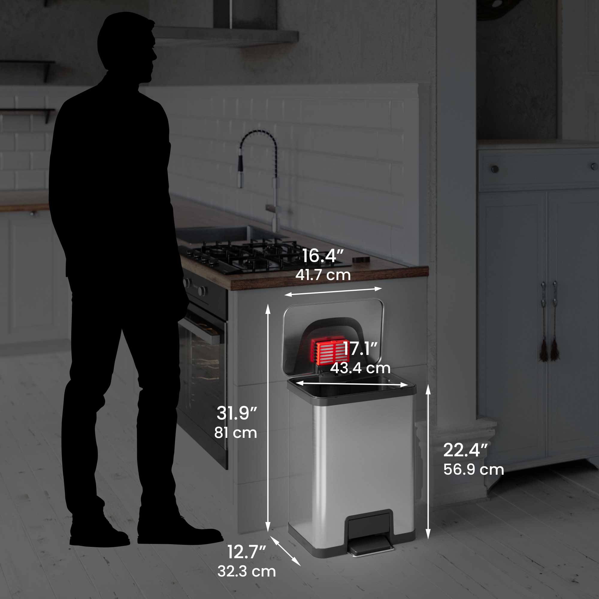 16.4" 41.7 cm  
17.1" 43.4 cm  
31.9" 81 cm  
22.4" 56.9 cm  
12.7" 32.3 cm