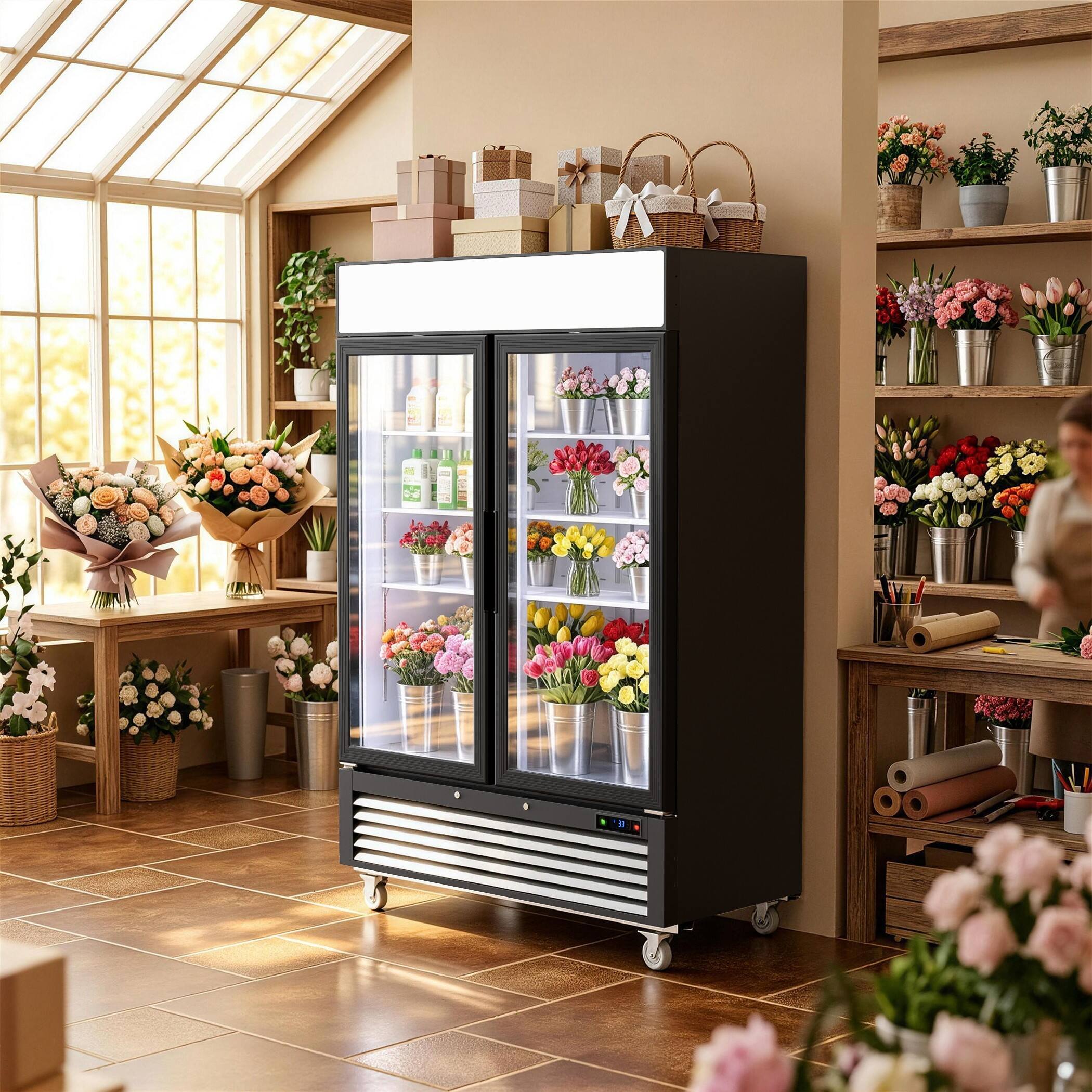 Angle. Coolake - Coolake 54"W 49 Cu.Ft. Commercial Beverage Merchandiser Refrigerator with 2 Glass Doors in Black, Customizable Light Box - Black.