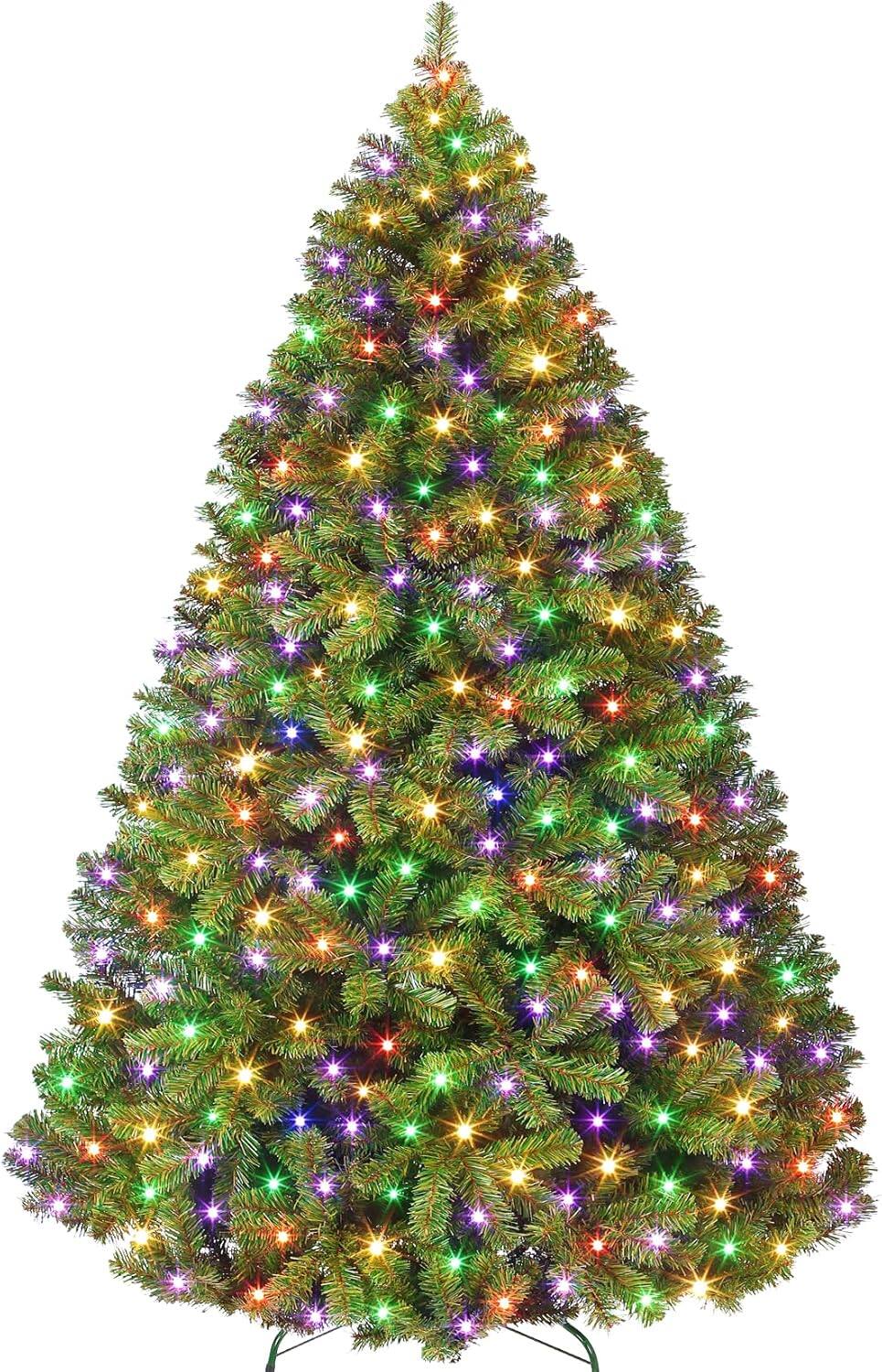 GARVEE - 6FT Prelit Fluffy Noble Fir Artificial Christmas Tree with 500 Multicolor Lights& 9 Modes for Holiday Home Decor - Natural Green